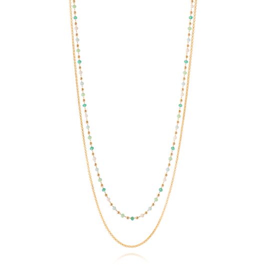 Double Long Chain Necklace ‚ Gold & Glass Beads - Turquoise