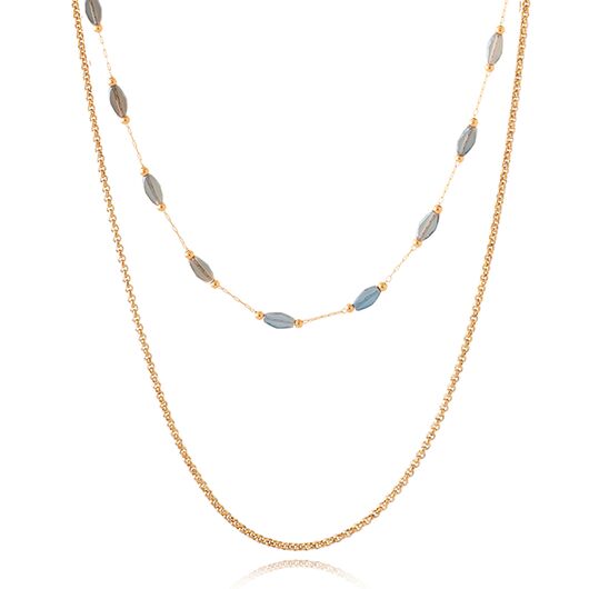 Double Chain Necklace ‚ Gold & Glass Beads - Aqua