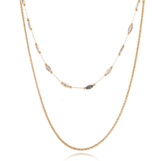 Double Chain Necklace Gold & Glass Beads - Grey