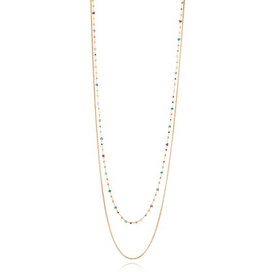 Double Long Chain Necklace ‚ Gold & Glass Beads - Turquoise Nuggets