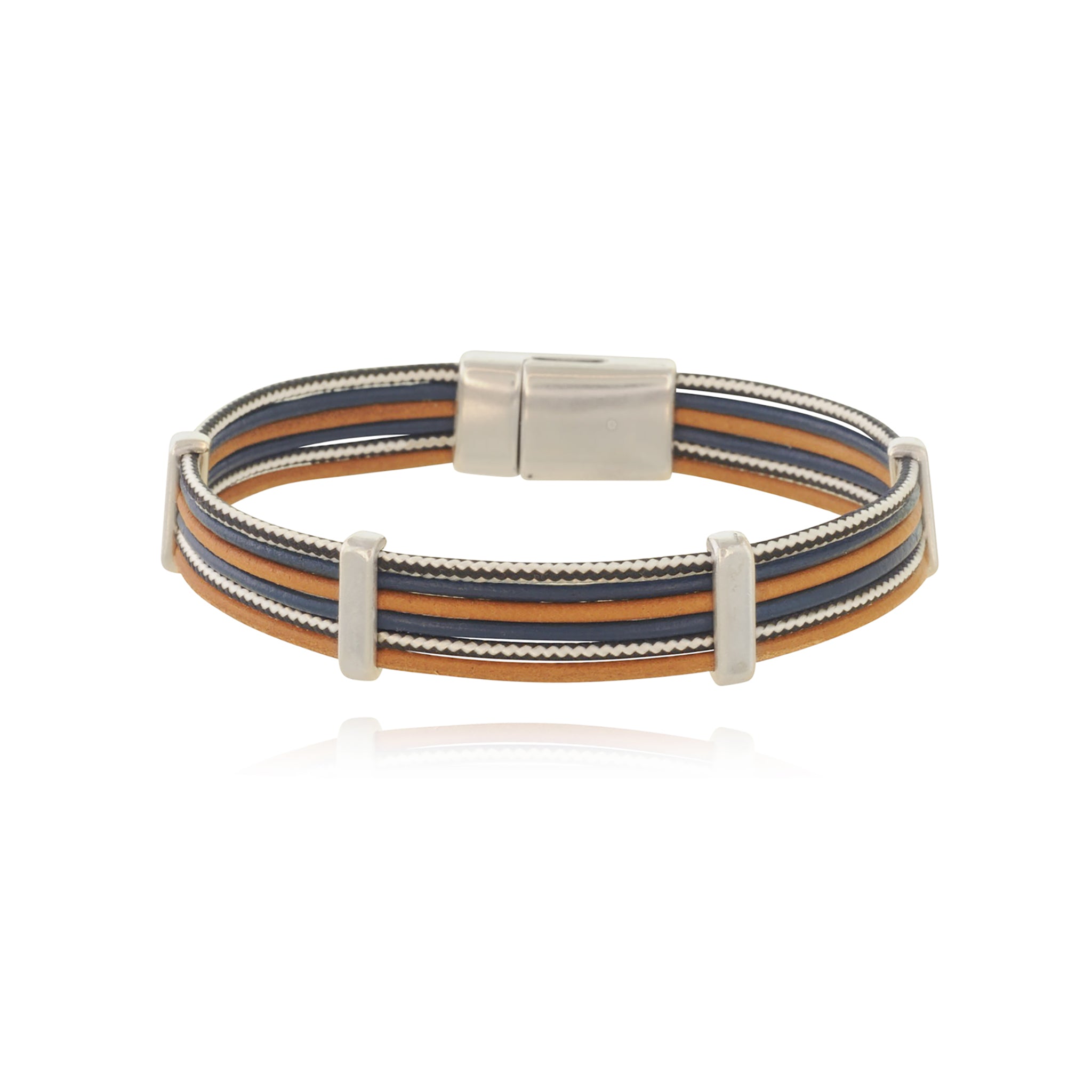 Men - 6 Rows leather and cord with metal interlinks
