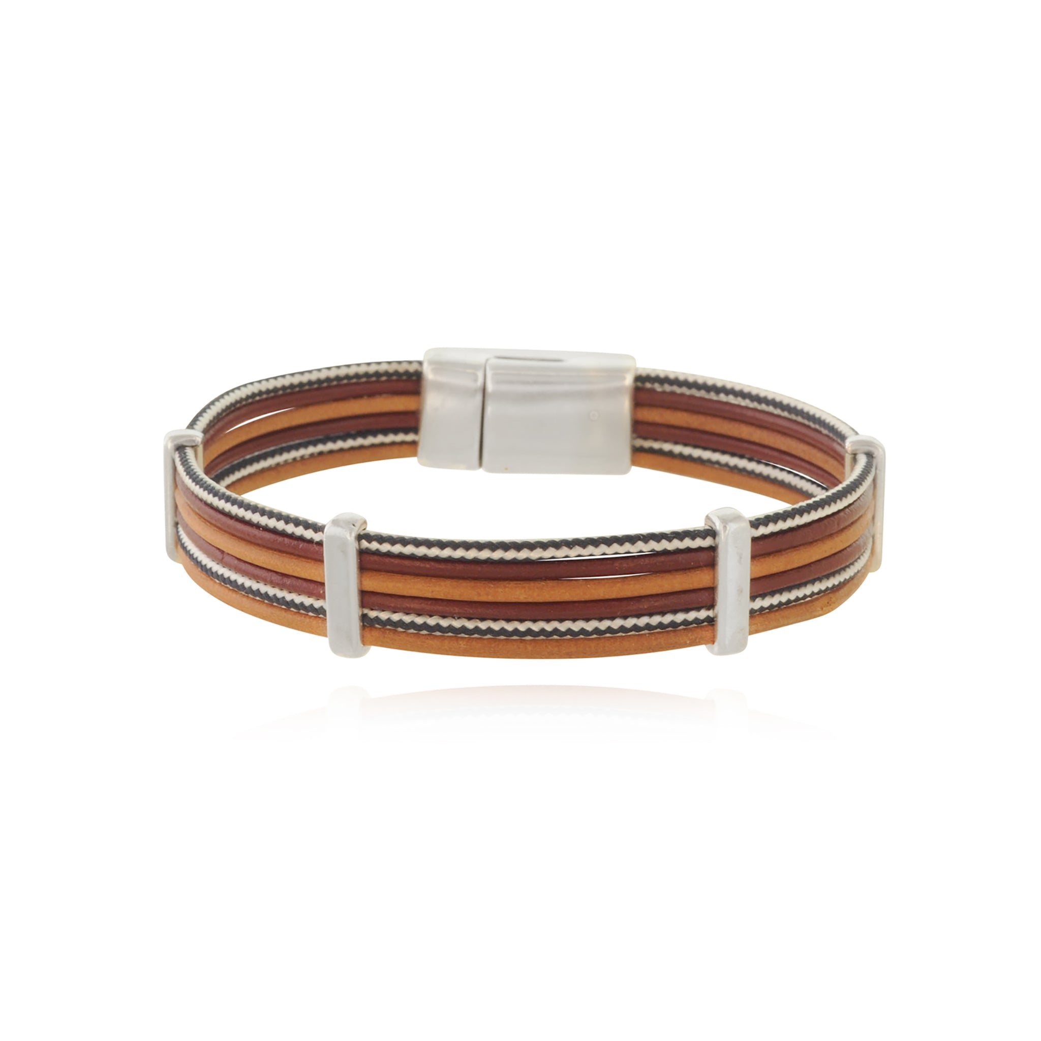 Men - 6 Rows leather and cord with metal interlinks