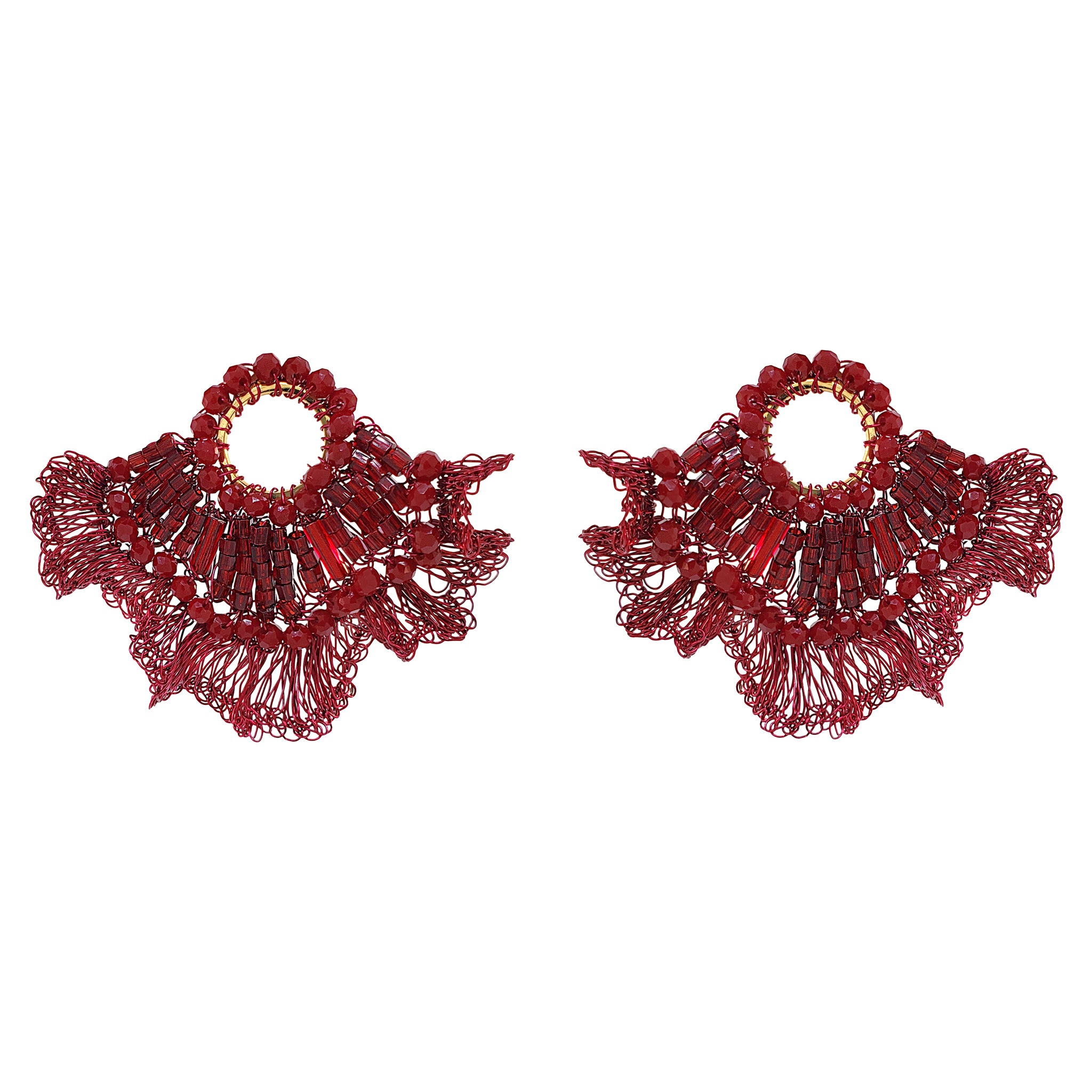 Cherry Red Mix Crown Ruffled Handmade Crochet Earrings