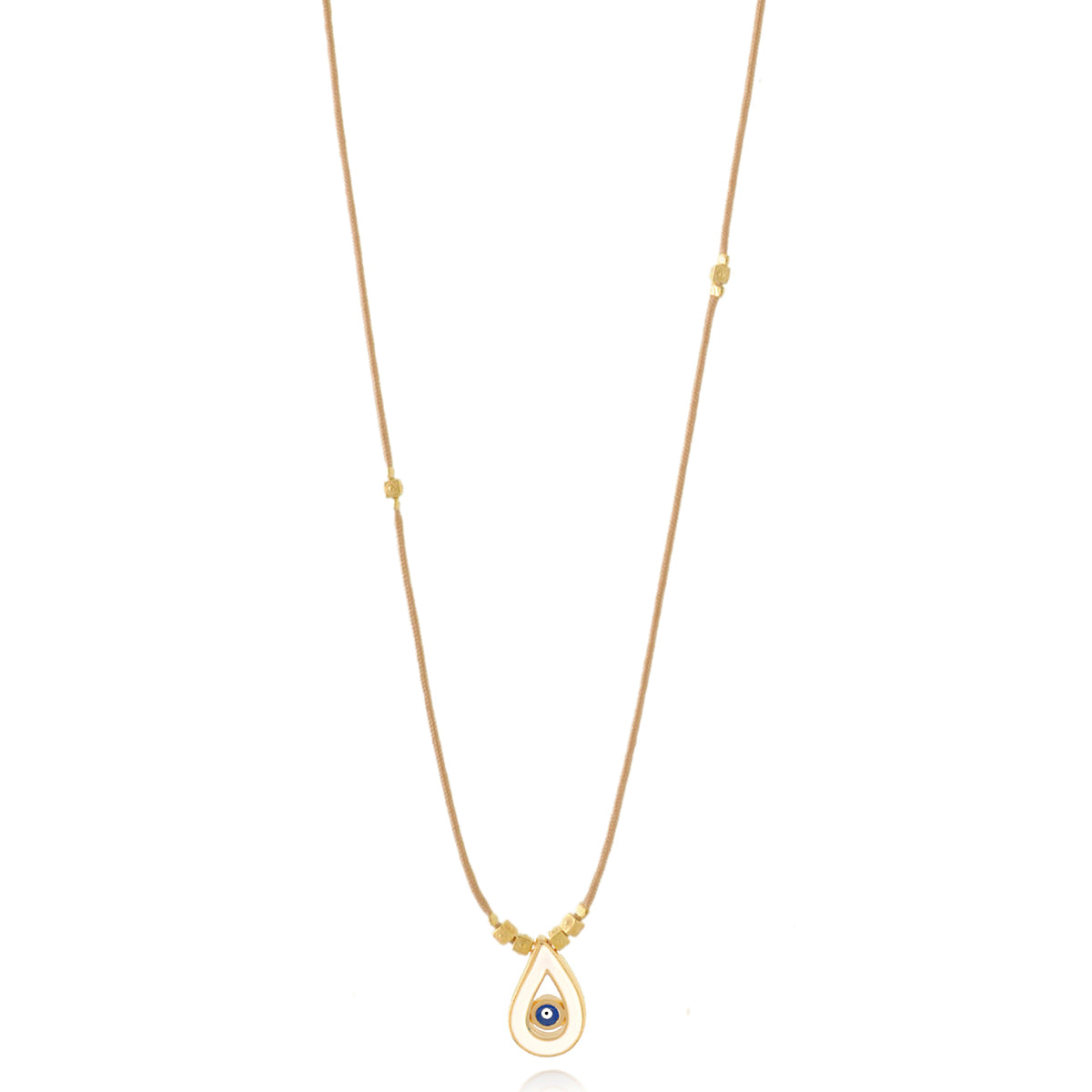 Enamel Eye Drop Long Silk Cord Necklace with Gold Nuggets