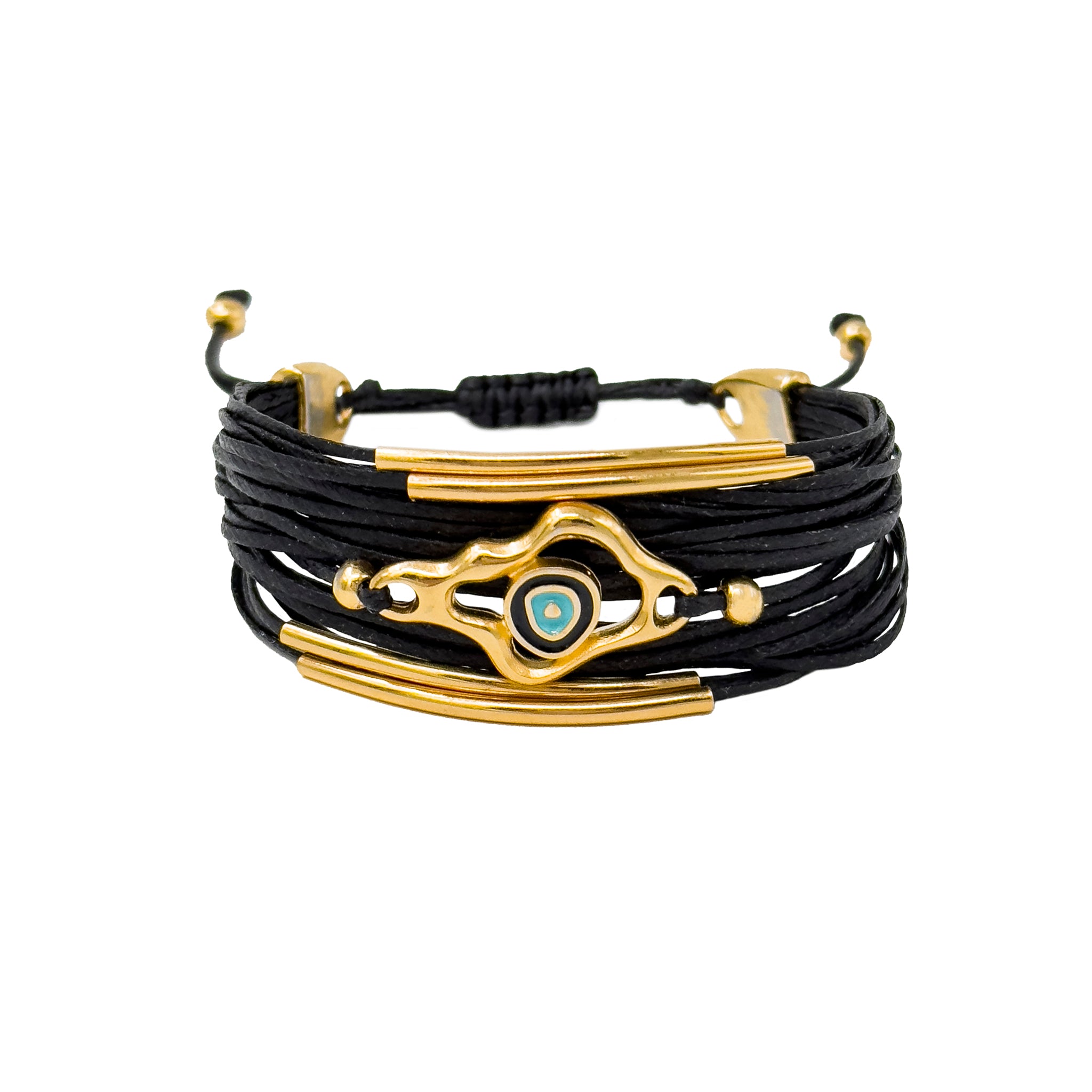Bracelet with Black Wax thread and Turquoise evil eye pebble
