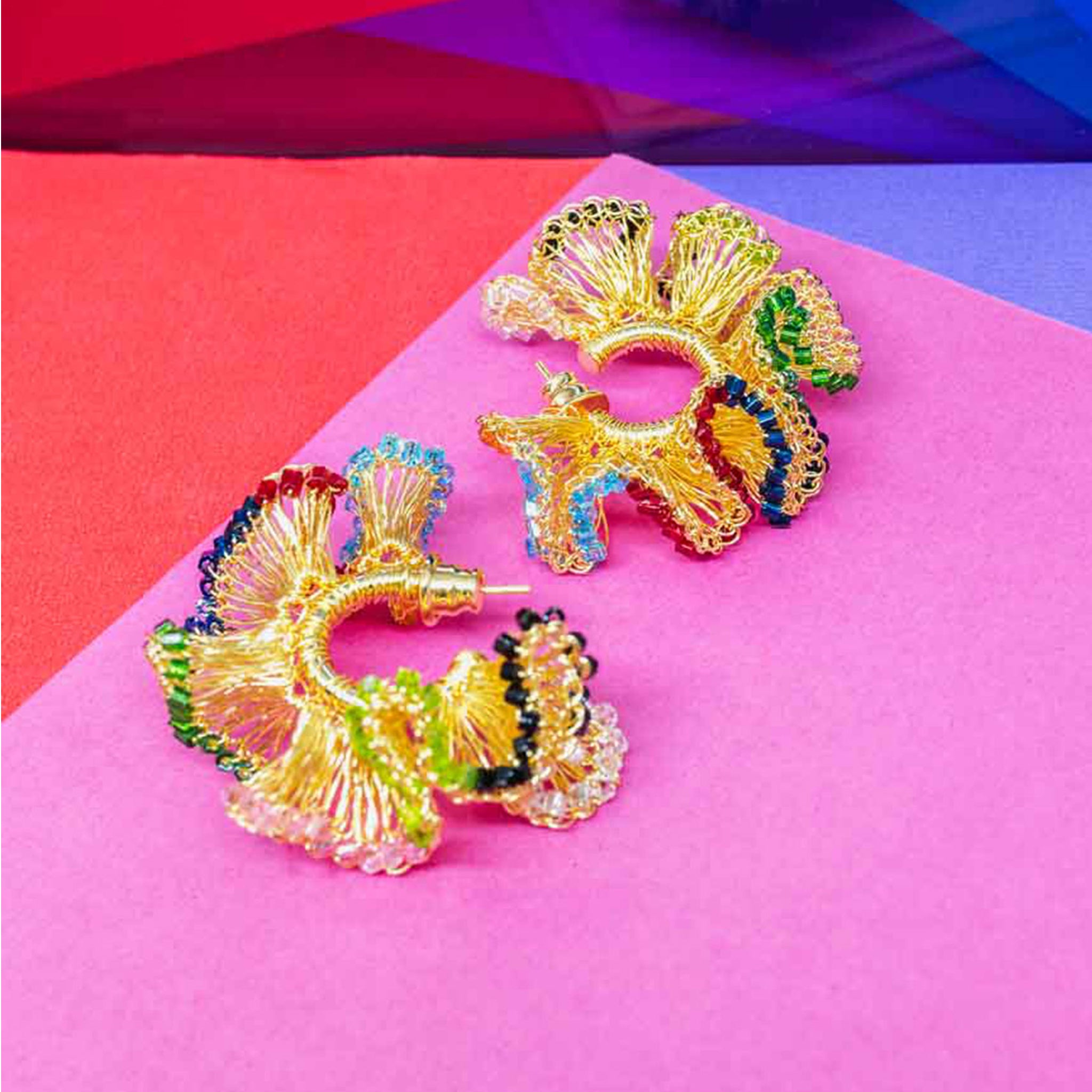 Multicolor & Gold Rio Hoops Handmade Crochet Earrings