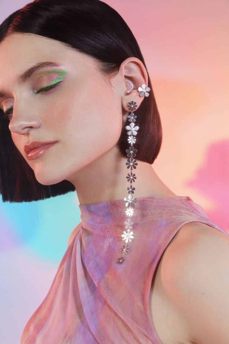 Long Daisy Earring in Sterling Silver Finish