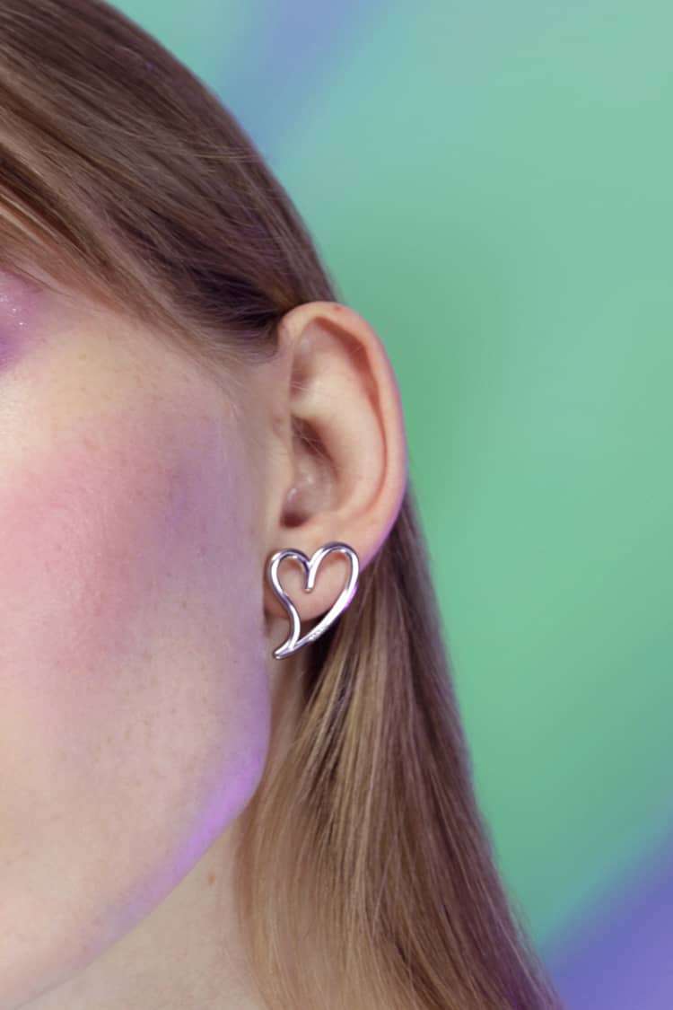 Open Heart Stud Earrings in Sterling Silver Finish