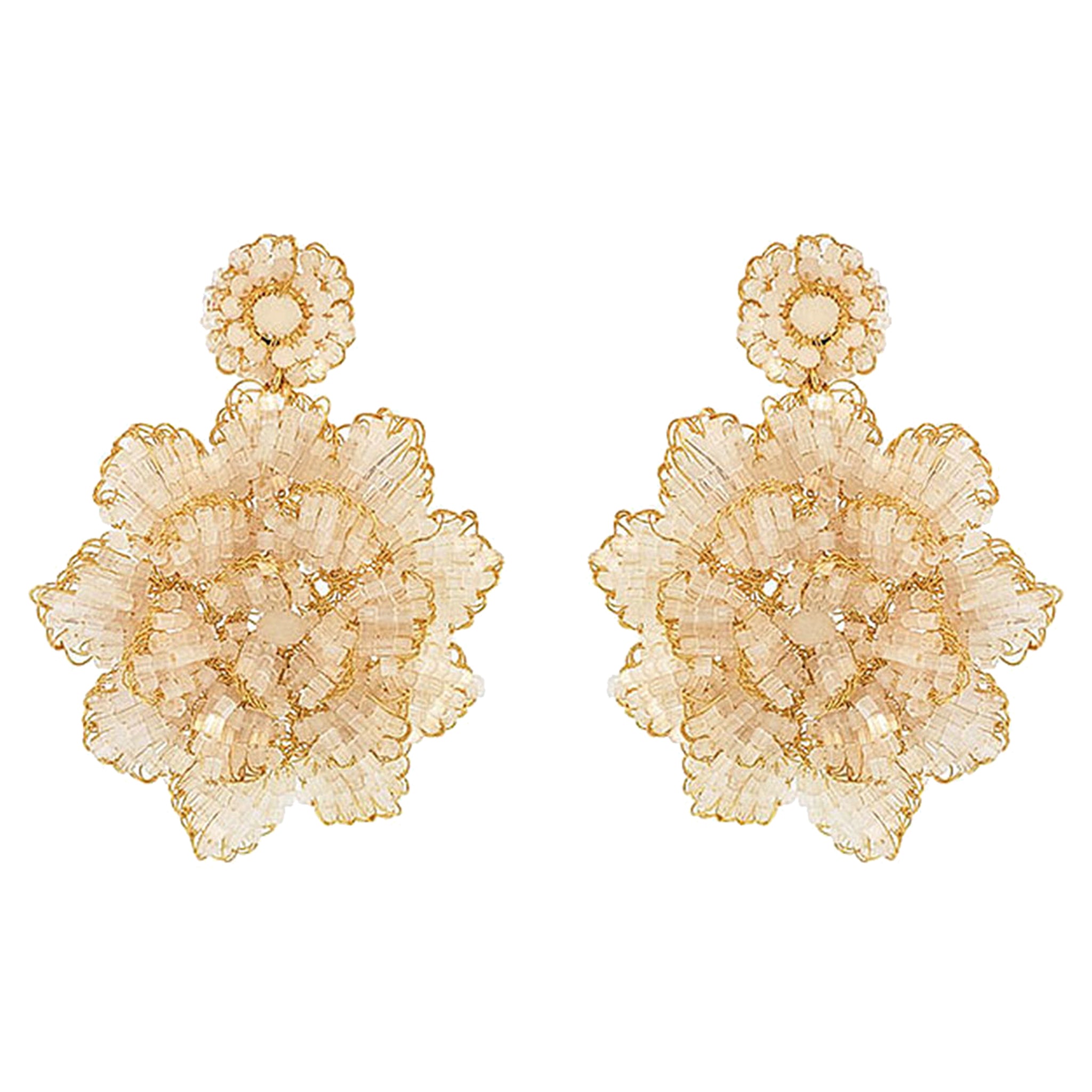 White & Gold Blossom Handmade Crochet Large Earrings