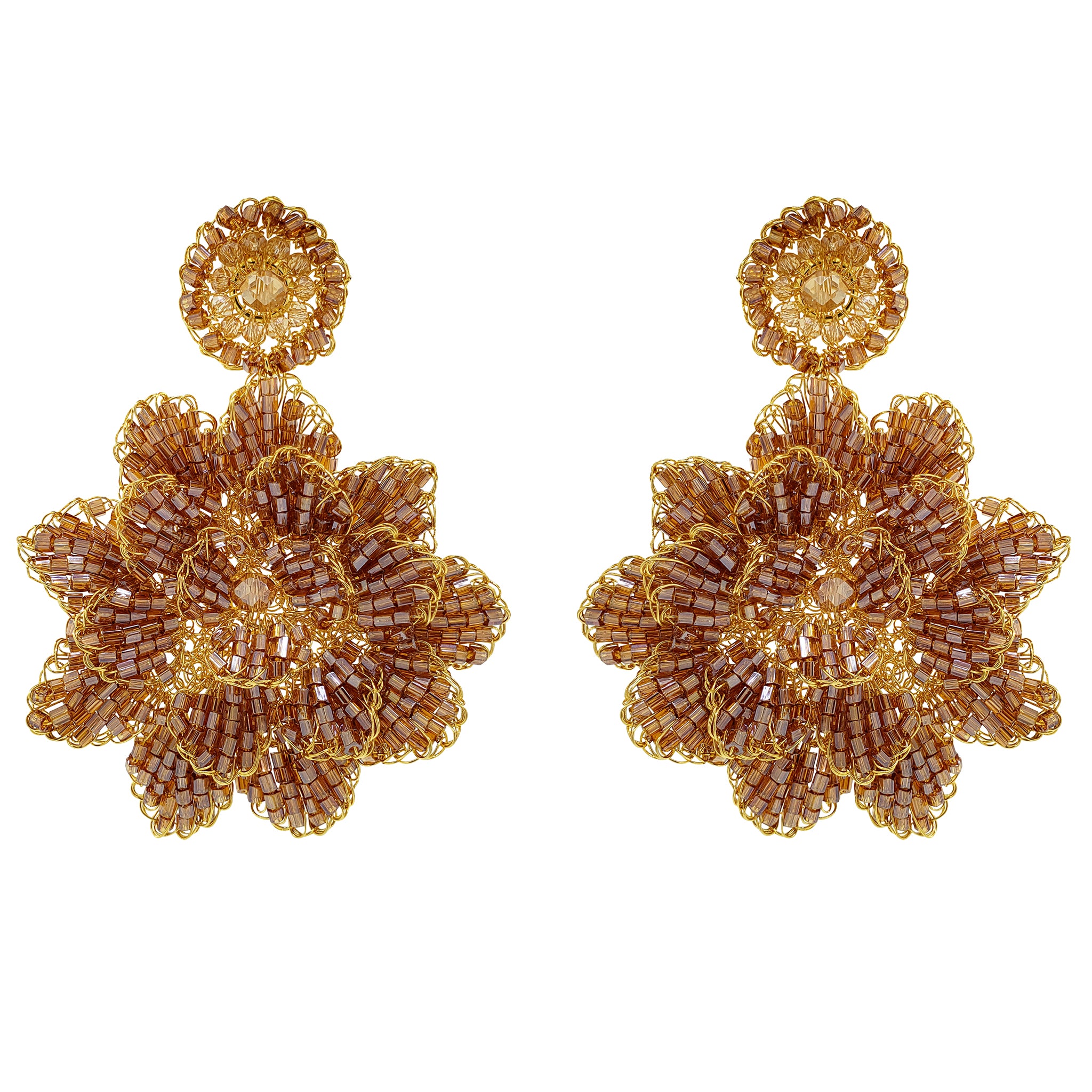 Amber & Gold Blossom Handmade Crochet Large Earrings