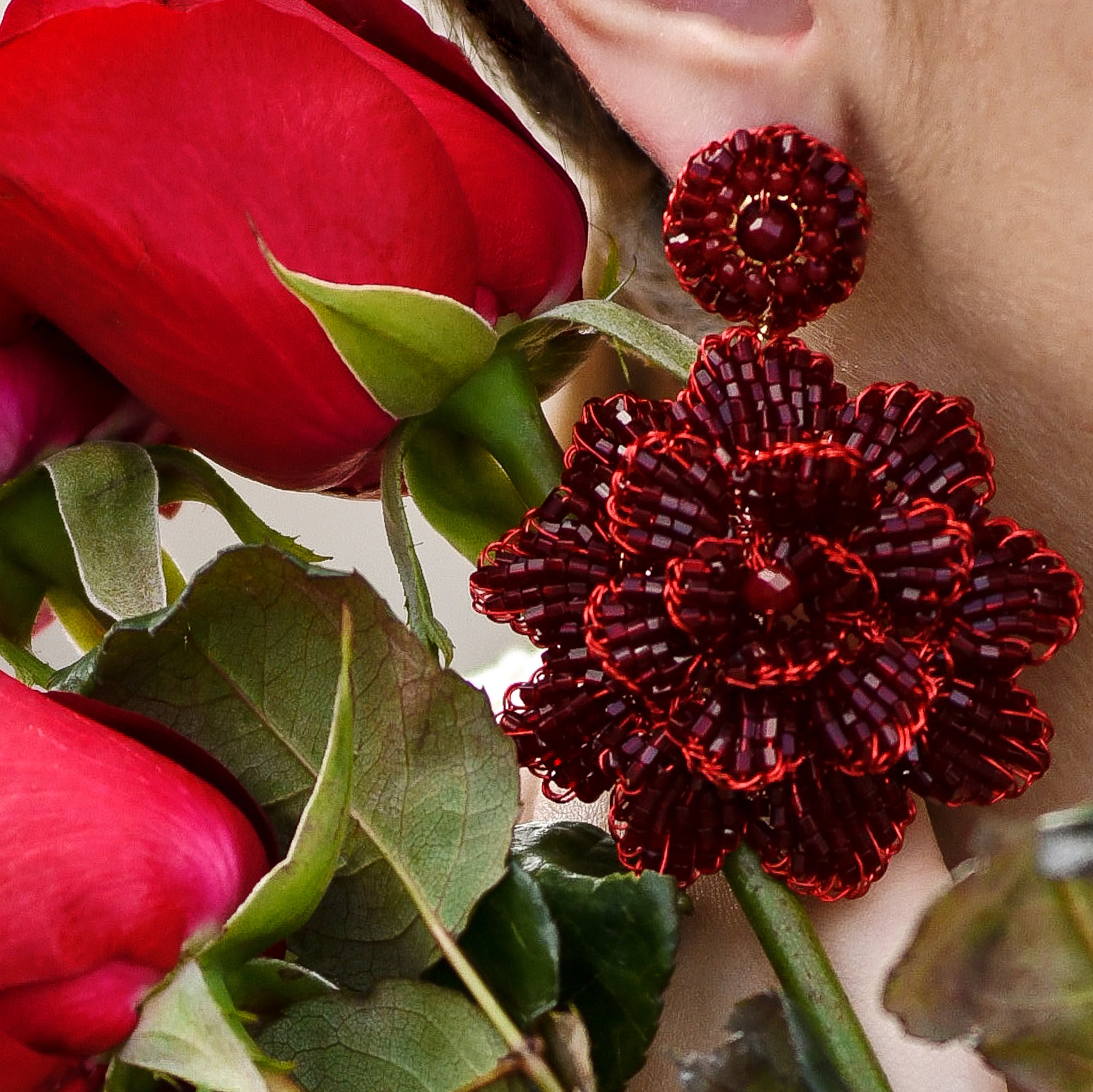 Red Velvet Blossom Handmade Crochet Large Earrings