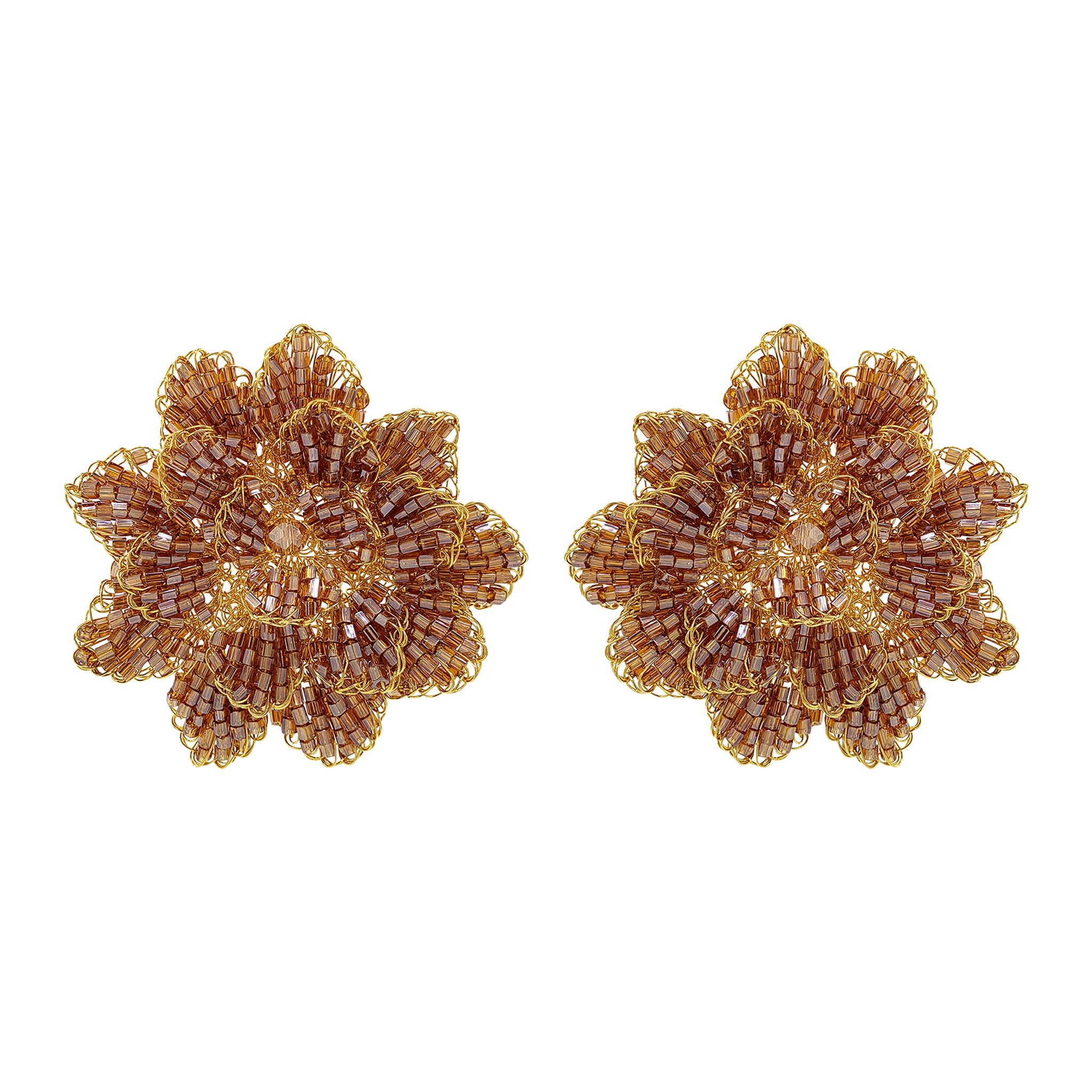 Amber & Gold Blossom Handmade Crochet Clip Earrings