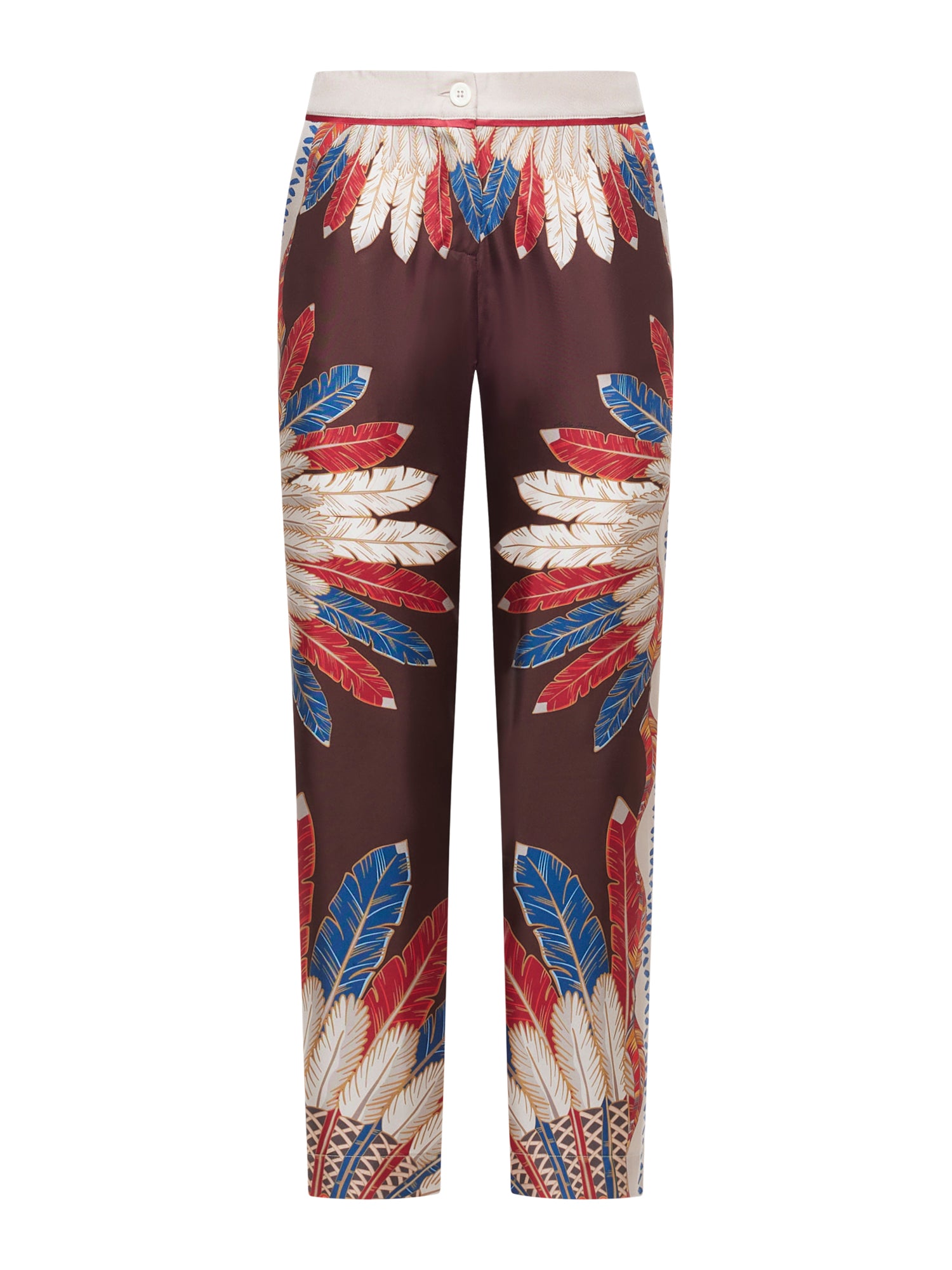 Silk Straight Leg Trousers Feather Crown Print