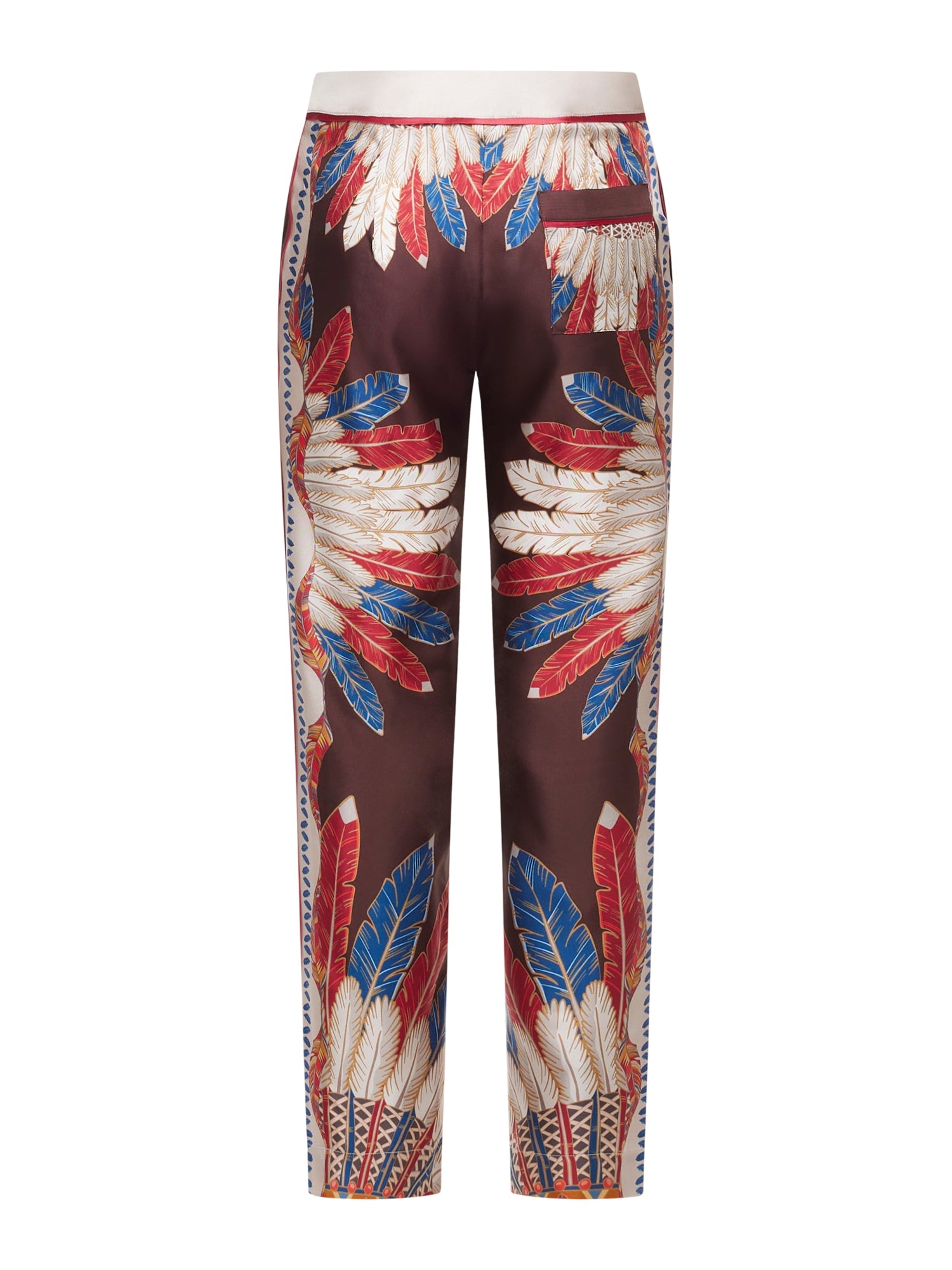Silk Straight Leg Trousers Feather Crown Print
