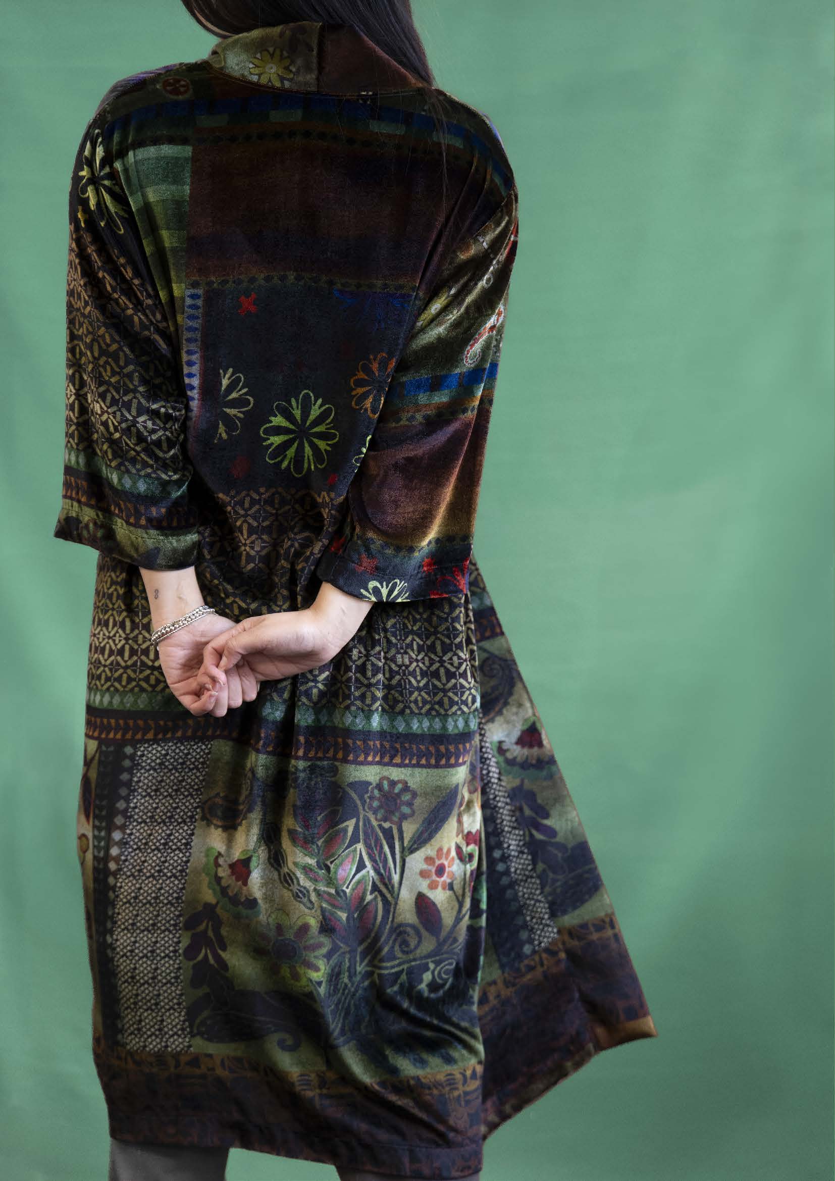 Long Velvet Cardigan in 82% Viscose and 18% Silk — Botanical Patchwork
