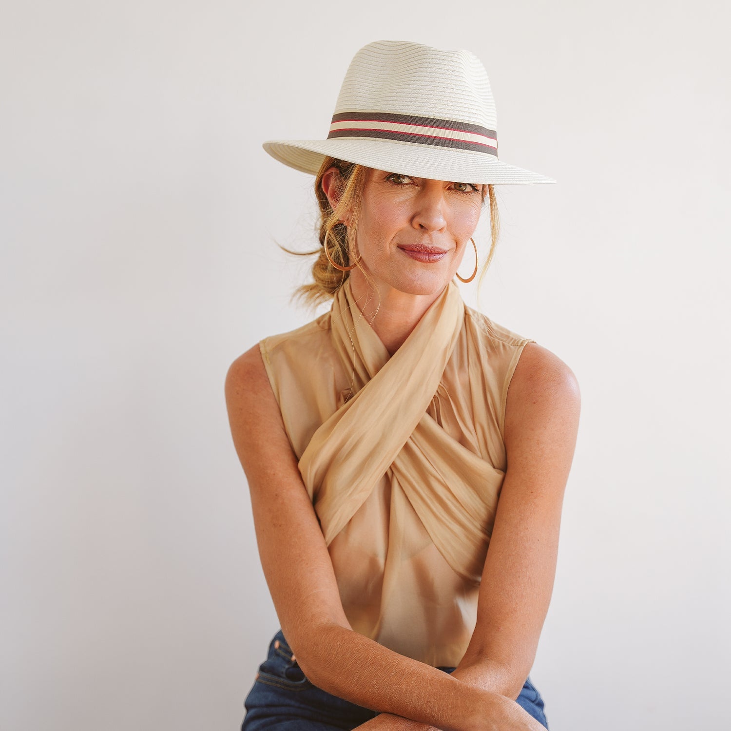 Stripe Fedora - Ivory/Taupe/Red