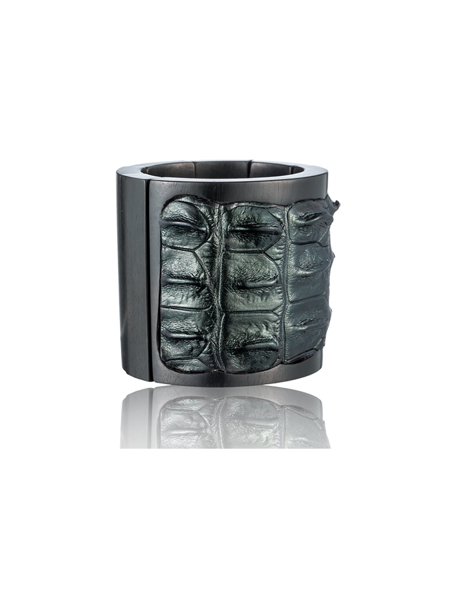 Stretch Wood and Textured Leather Cuff Bracelet - Metallic Green
