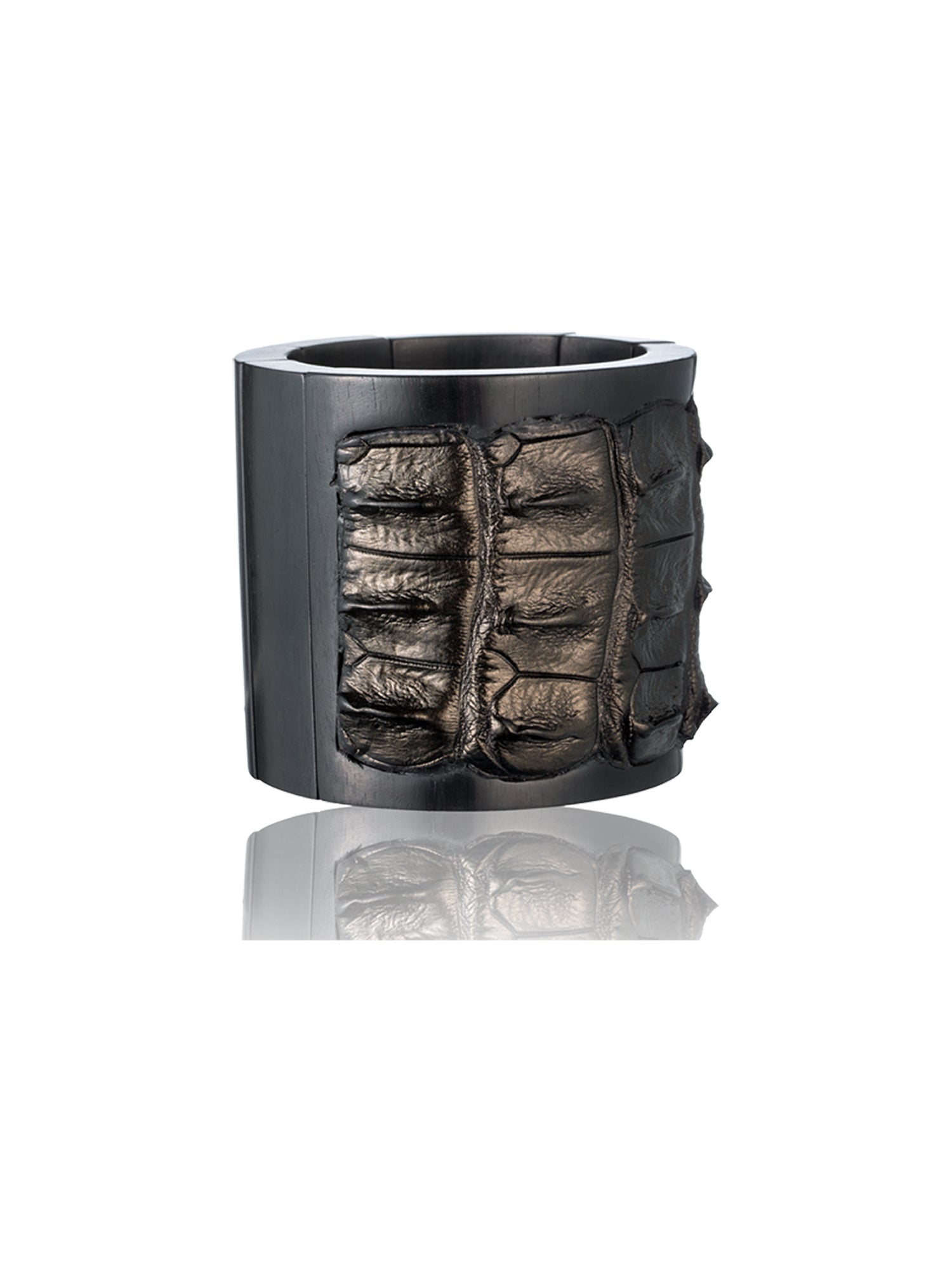 Stretch Wood and Textured Leather Cuff Bracelet - Metallic Olive Brown