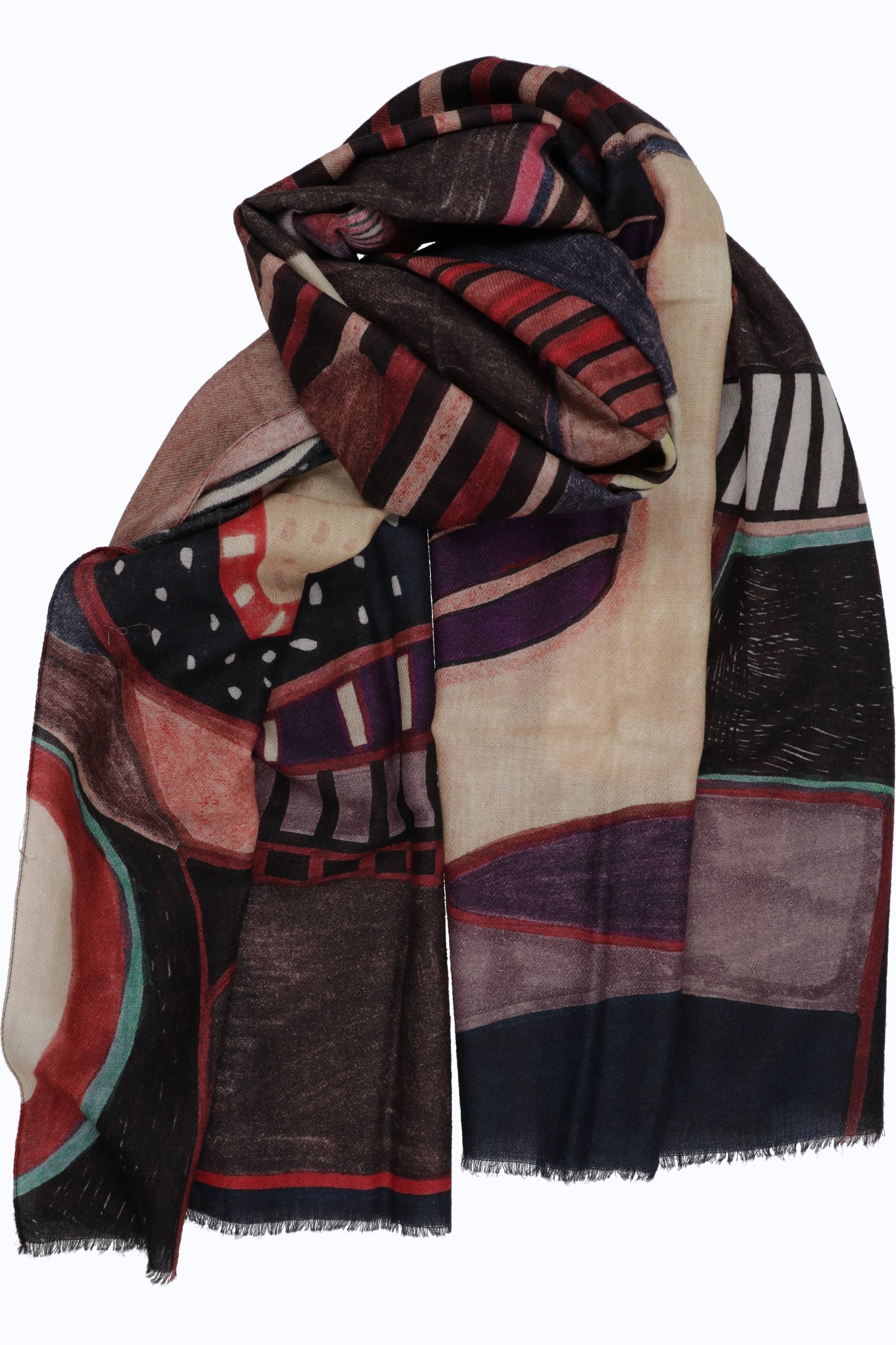 Lightweight Wool Twill Scarf with Abstract Print — 90x200 cm