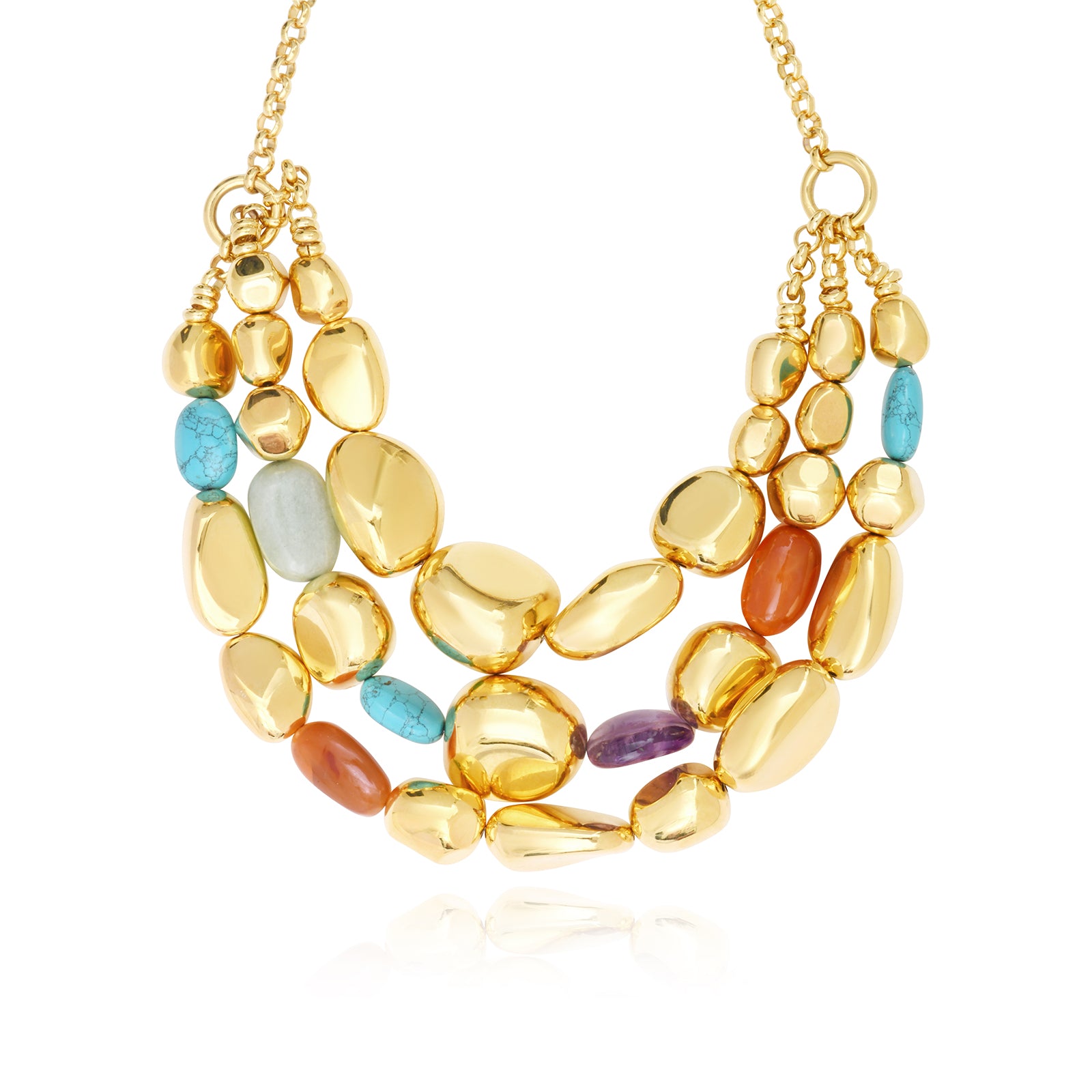 Loulou Adjustable Triple Chain Necklace in Gold-Plated Metal and Colored Stones - Multicolor