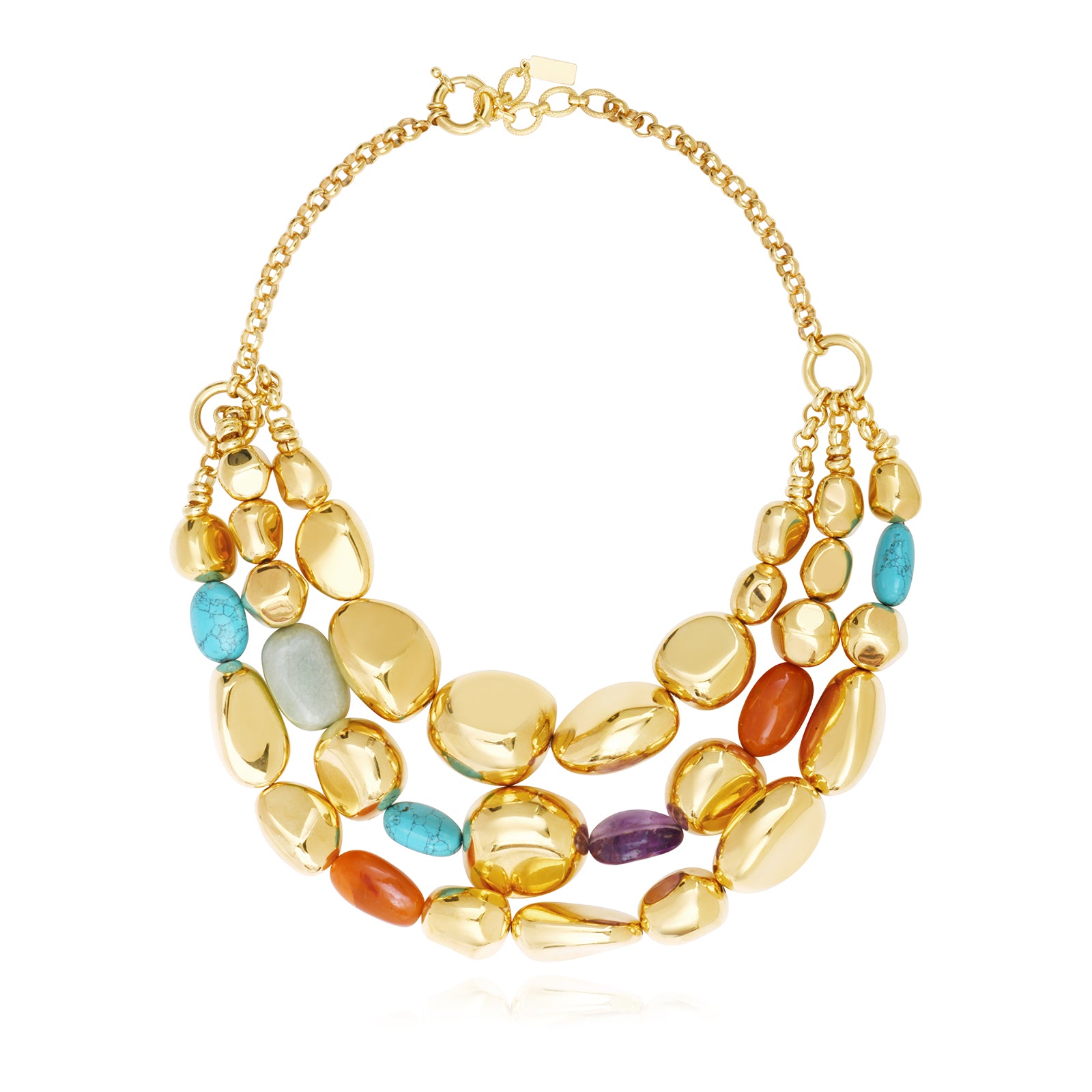 Loulou Adjustable Triple Chain Necklace in Gold-Plated Metal and Colored Stones - Multicolor