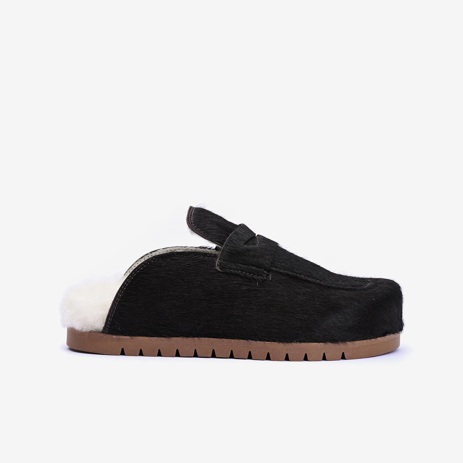 Calf Hair Leather Mule with Wool Lining – Mokka