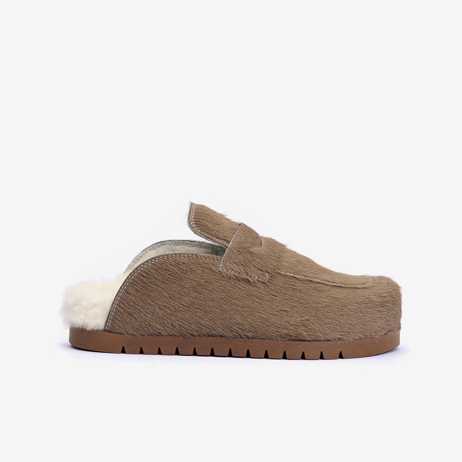 Calf Hair Leather Mule with Wool Lining – Taupe