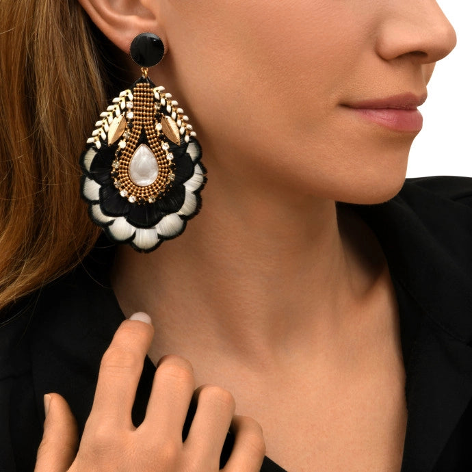 Alizia Clip Earrings in Feathers and Crystals - Black