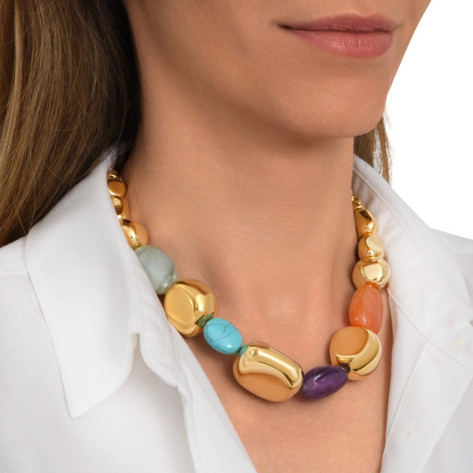 Loulou Adjustable Necklace in Gold-Plated Metal and Colored Stones - Multicolor