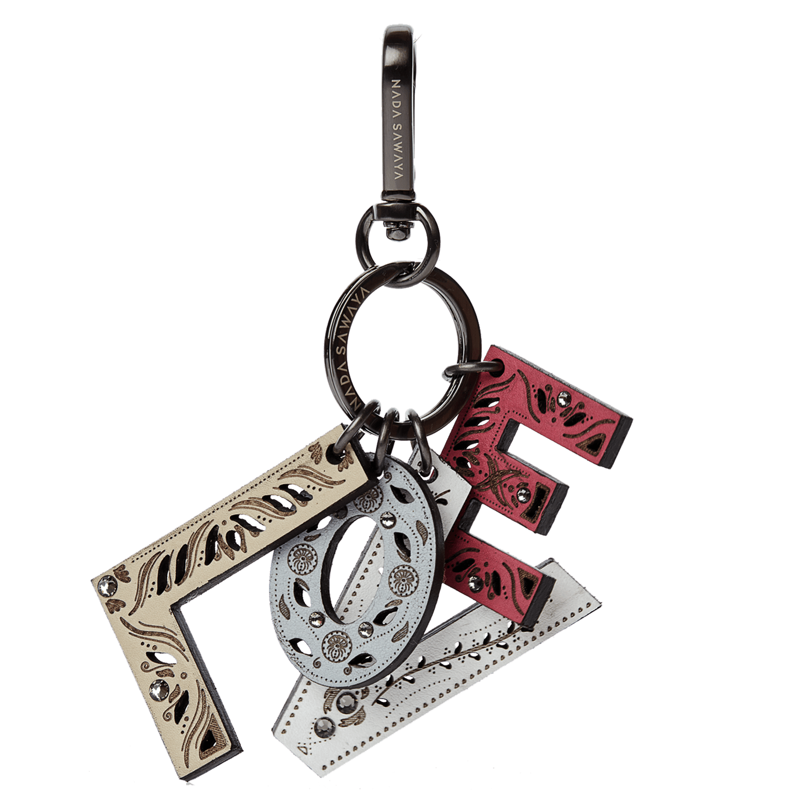 FL by NADA SAWAYA Bag Charm Love / Satin black nickel / Multicolor 4-Letter Laser Cut Leather Charm