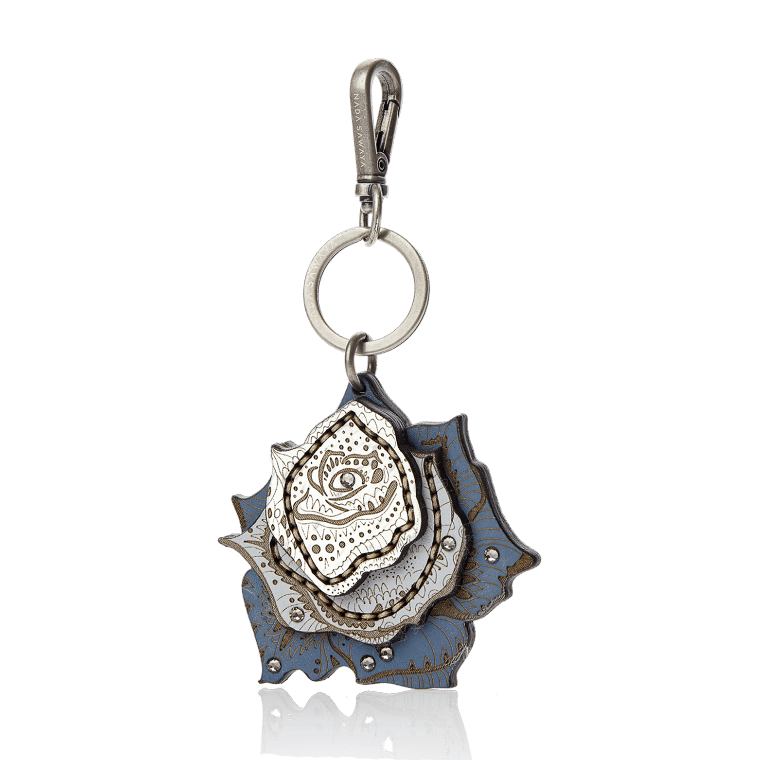 FL by NADA SAWAYA Bag Charm Blue Jeans / Antic silver Rose Laser Cut Leather Charm