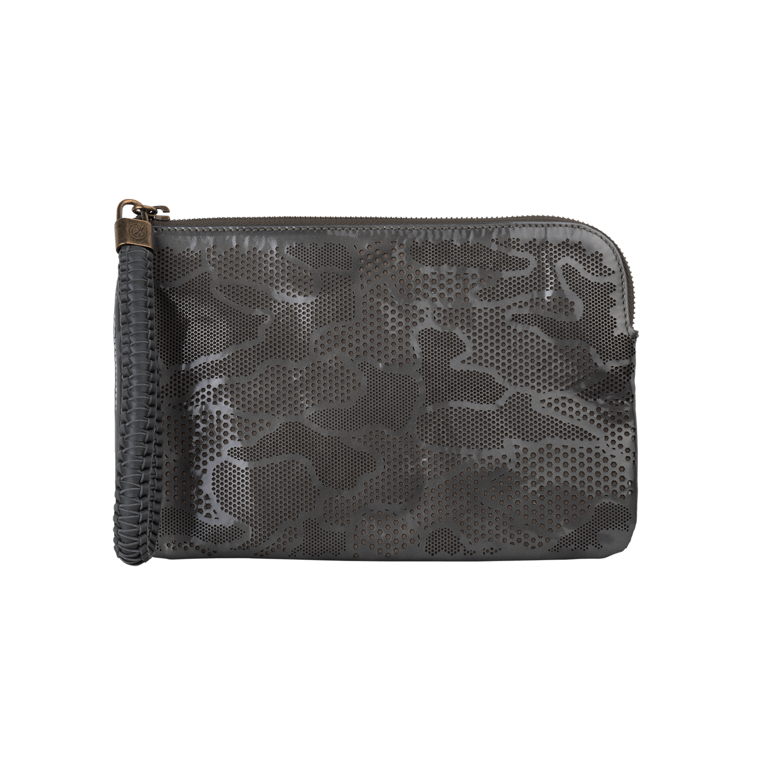 FL by NADA SAWAYA Wristlet Grey Olivia - Small Laser Cut Leather Wristlet Pouch - Camouflage Pattern