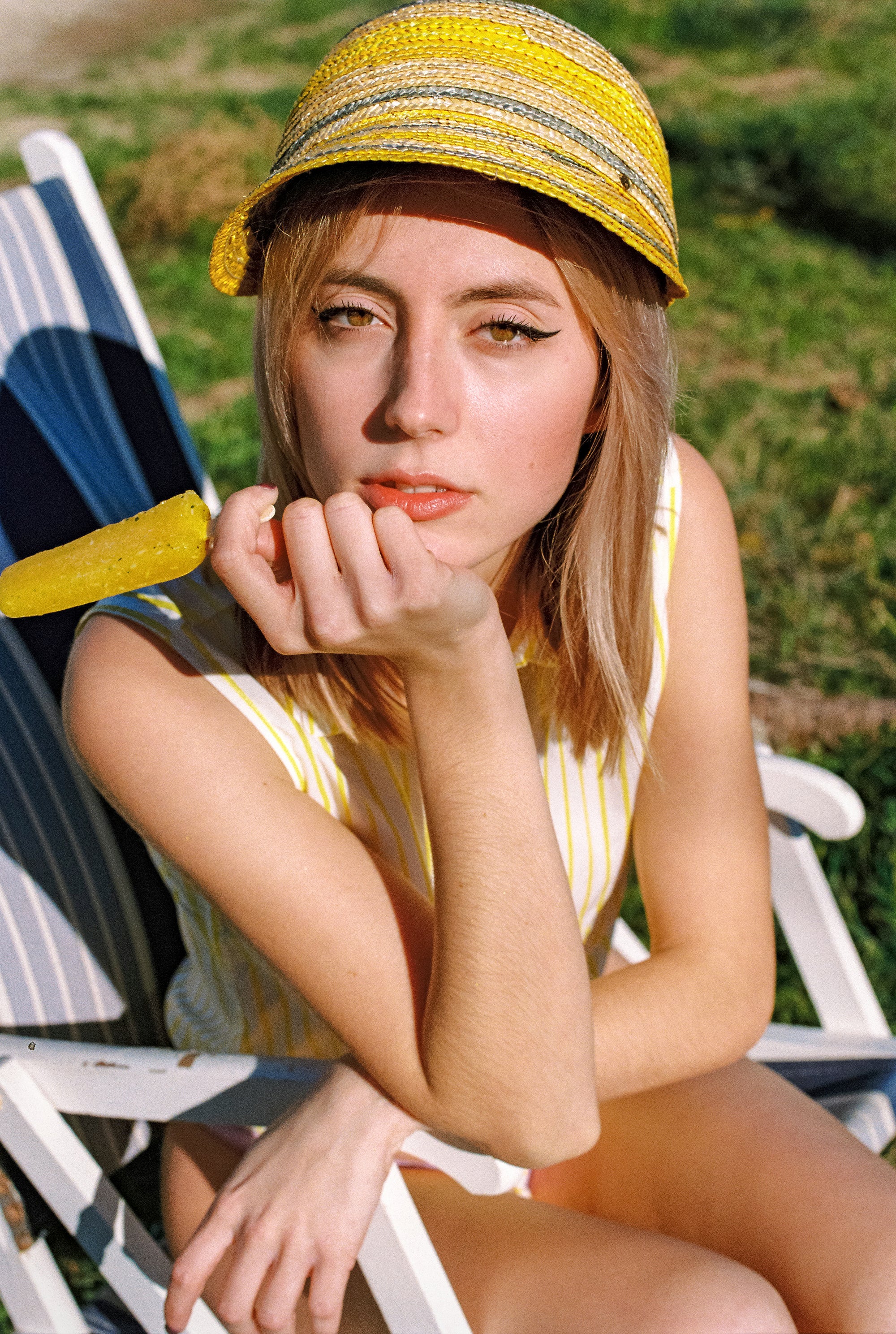 Striped Straw Cap - Yellow / Grey