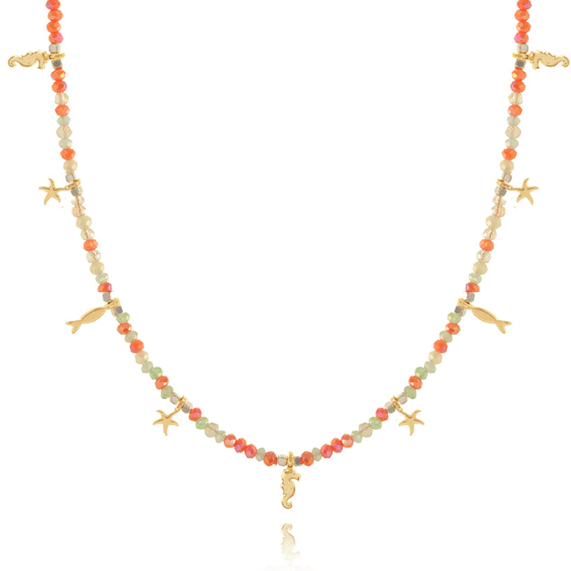 Beaded Necklace with Gold Sea Charms