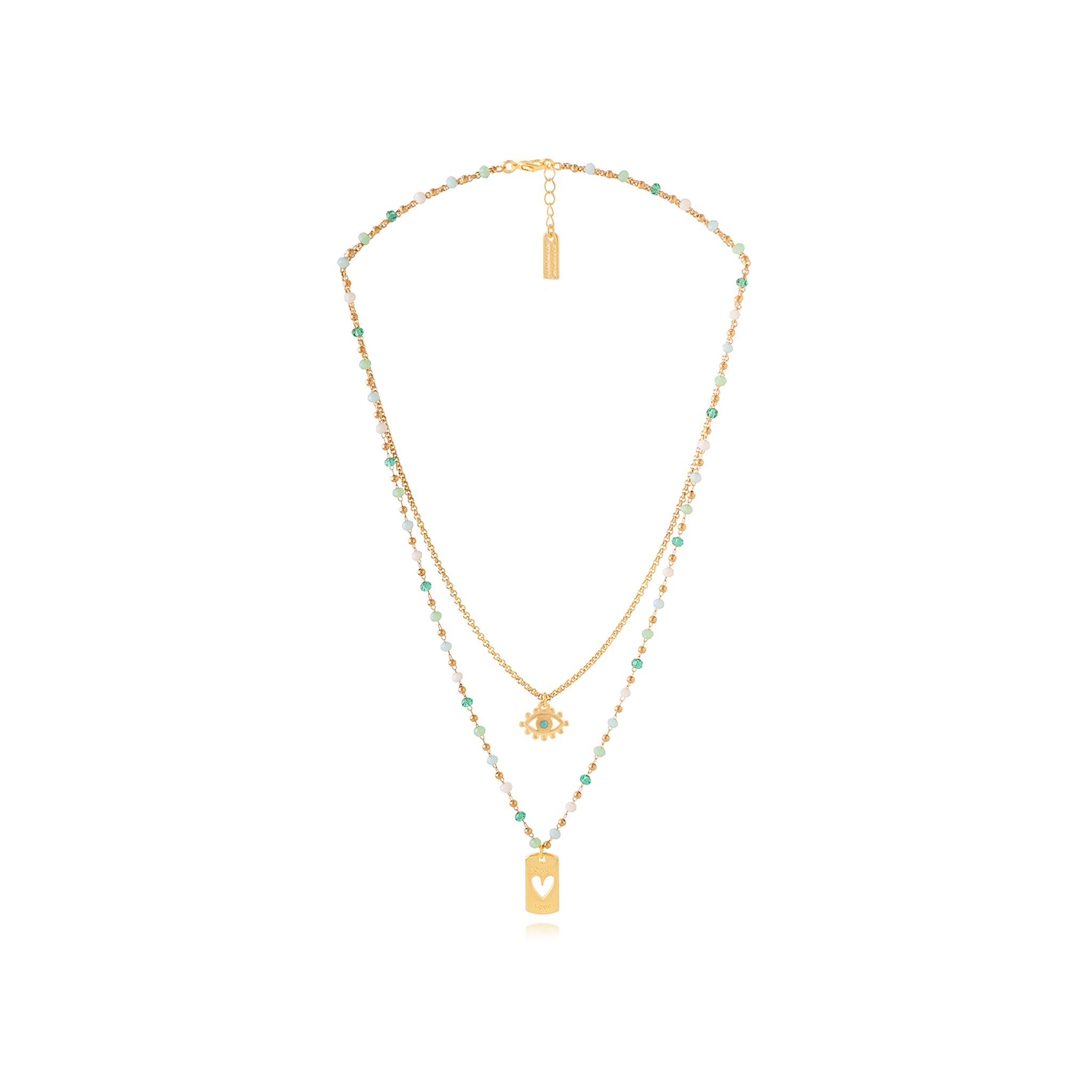 Double Layered Necklace with Charms - Turquoise