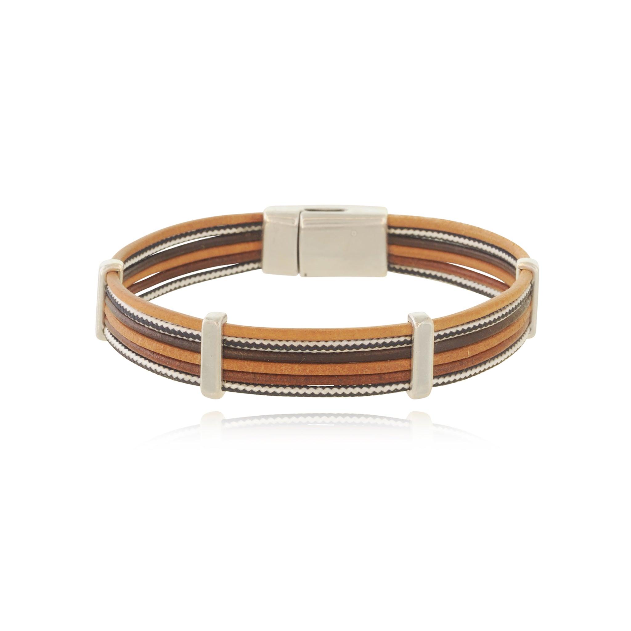 Men - 6 Rows leather and cord with metal interlinks