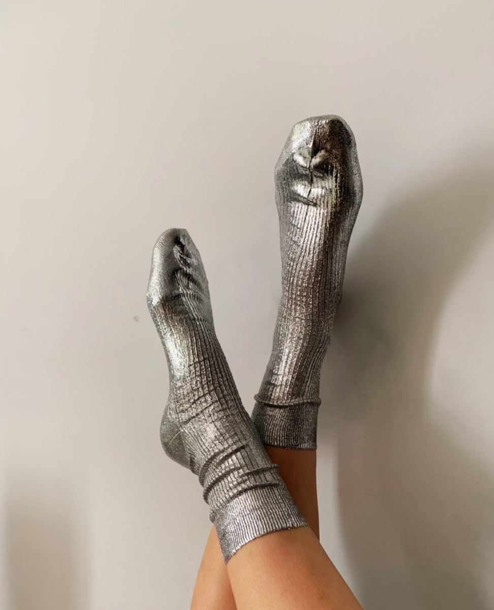 One Ribbed Laminated Sock - Silver