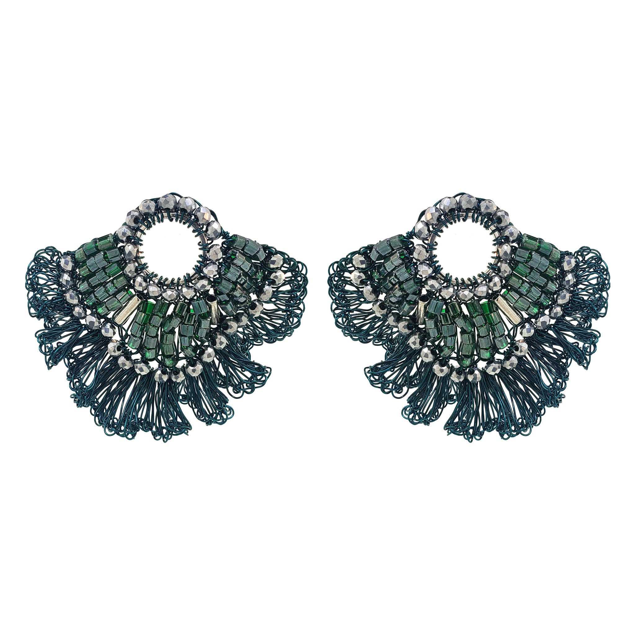 Moss Green Mix Crown Ruffled Handmade Crochet Earrings
