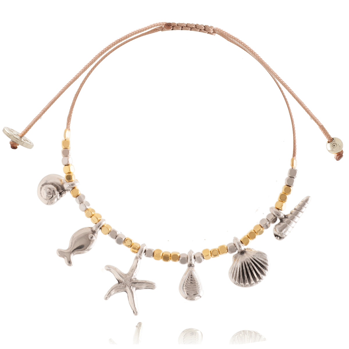 Adjustable cord bracelet with Sea Charms & Gold Nuggets