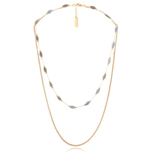 Double Chain Necklace ‚ Gold & Glass Beads - Aqua