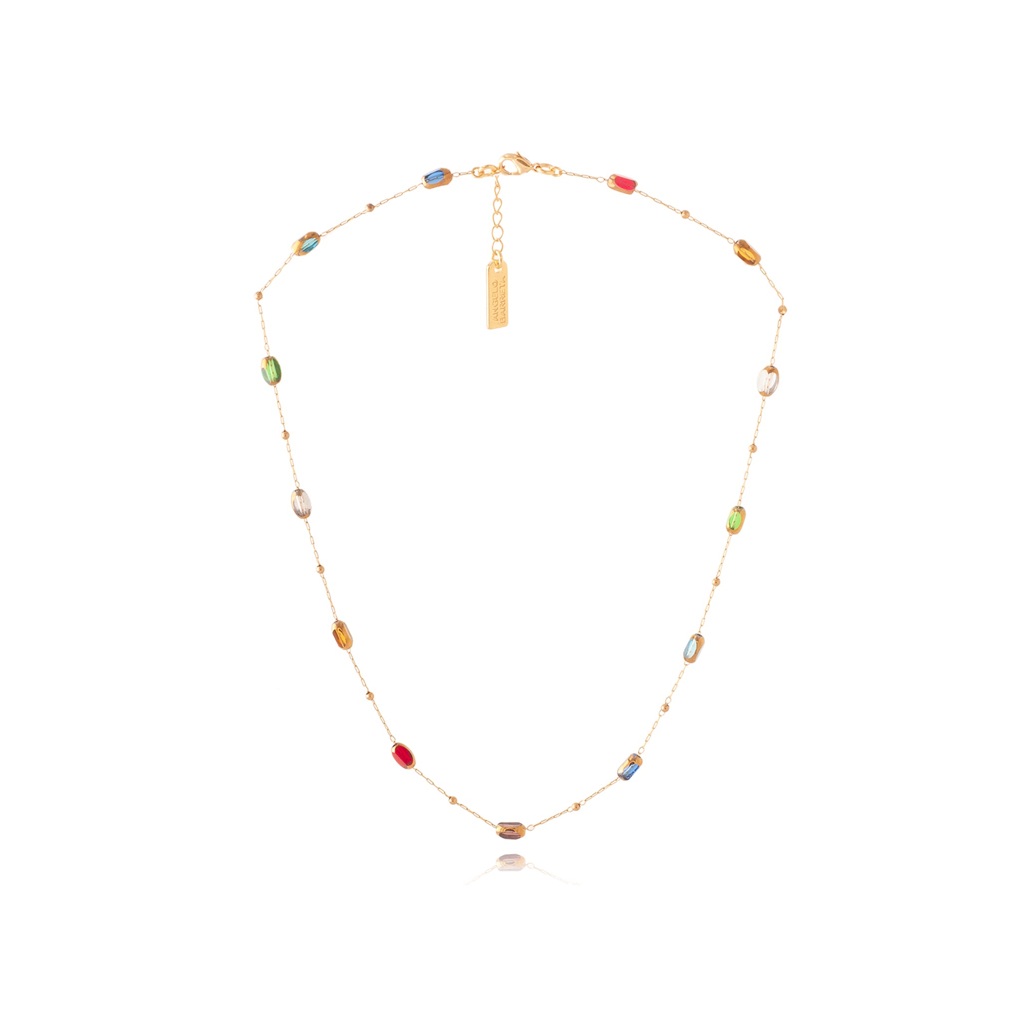 Adjustable Short Necklace with Oblong Glass Beads - Multicolor