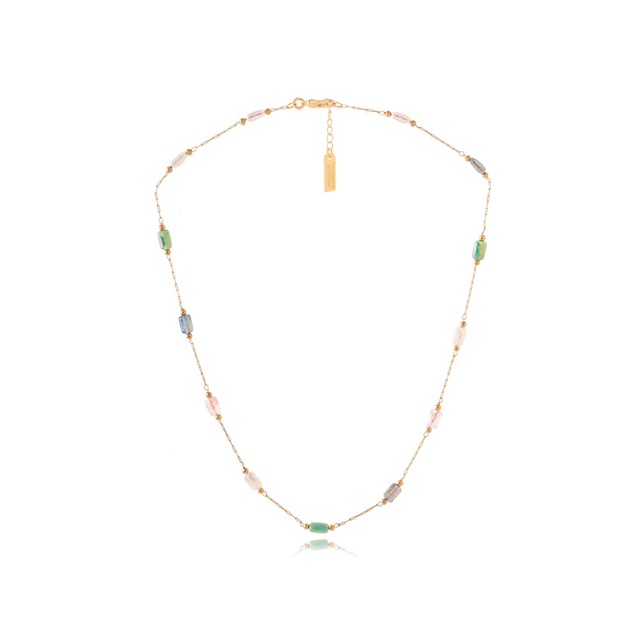Adjustable Short Necklace with Oblong Glass Beads - Aqua