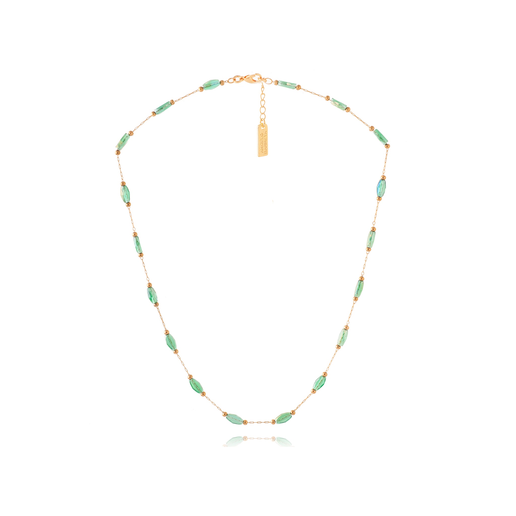 Adjustable Short Necklace with Oblong Glass Beads - Green