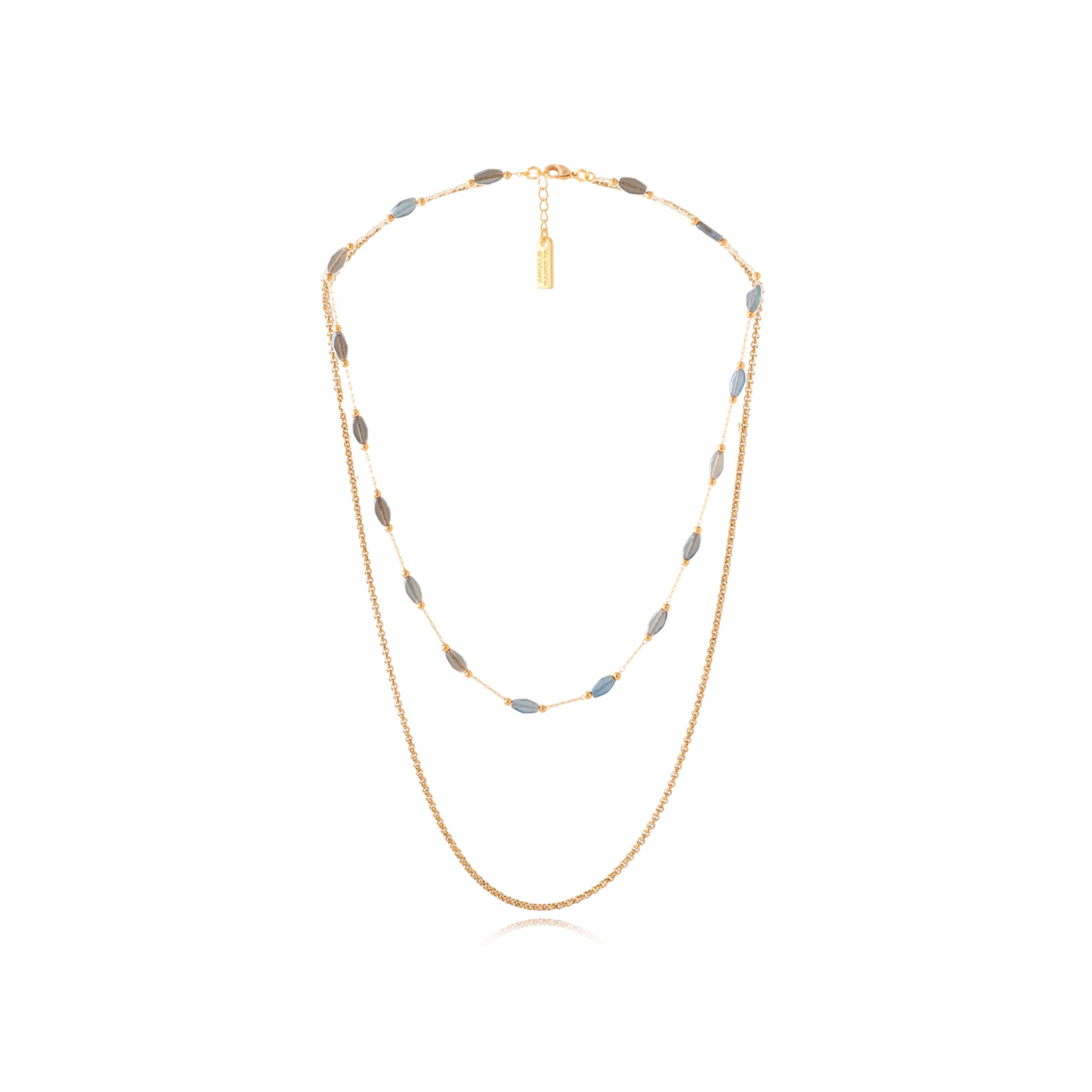 Double Long Chain Necklace – Gold & Glass Beads - Aqua