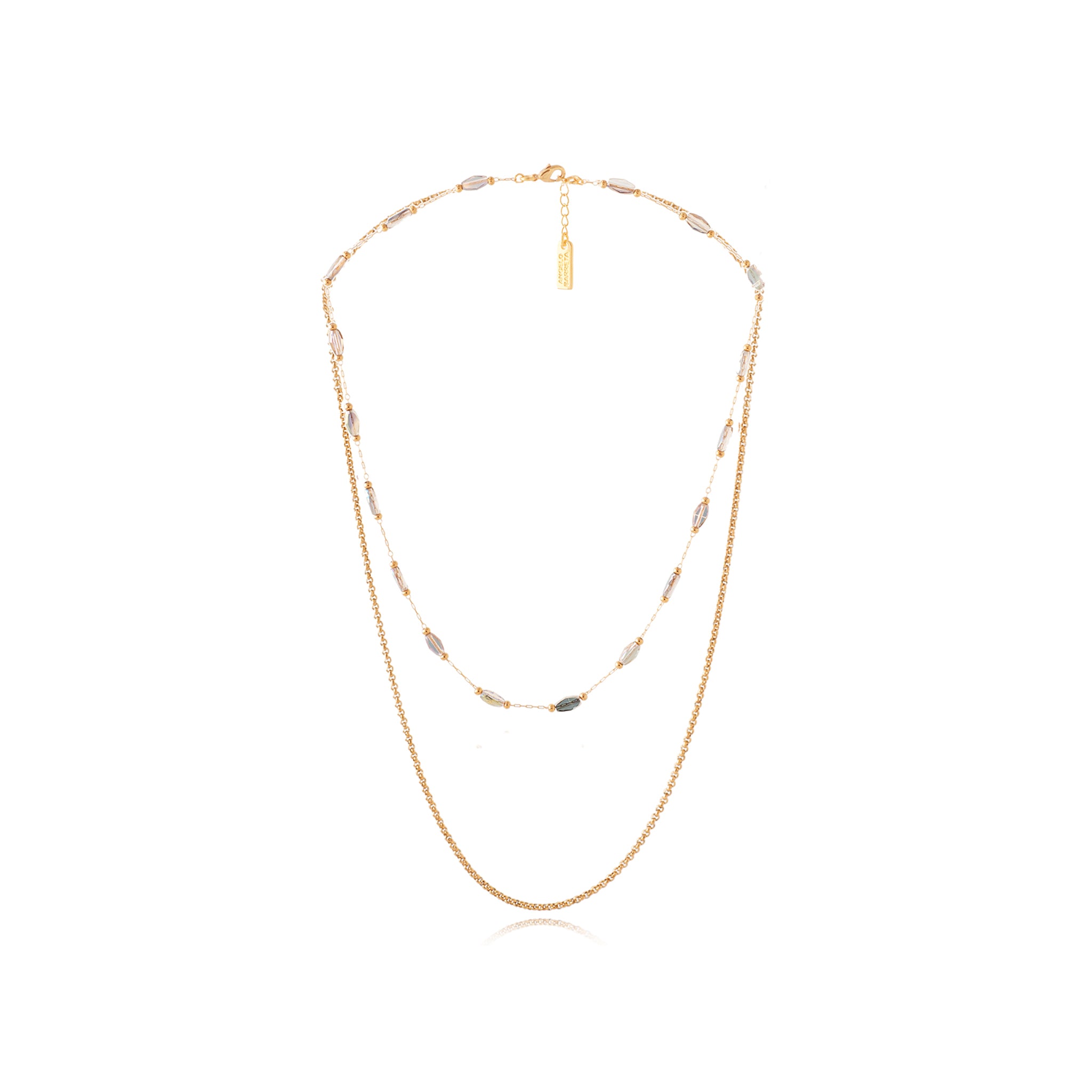 Double Long Chain Necklace – Gold & Glass Beads - Aqua