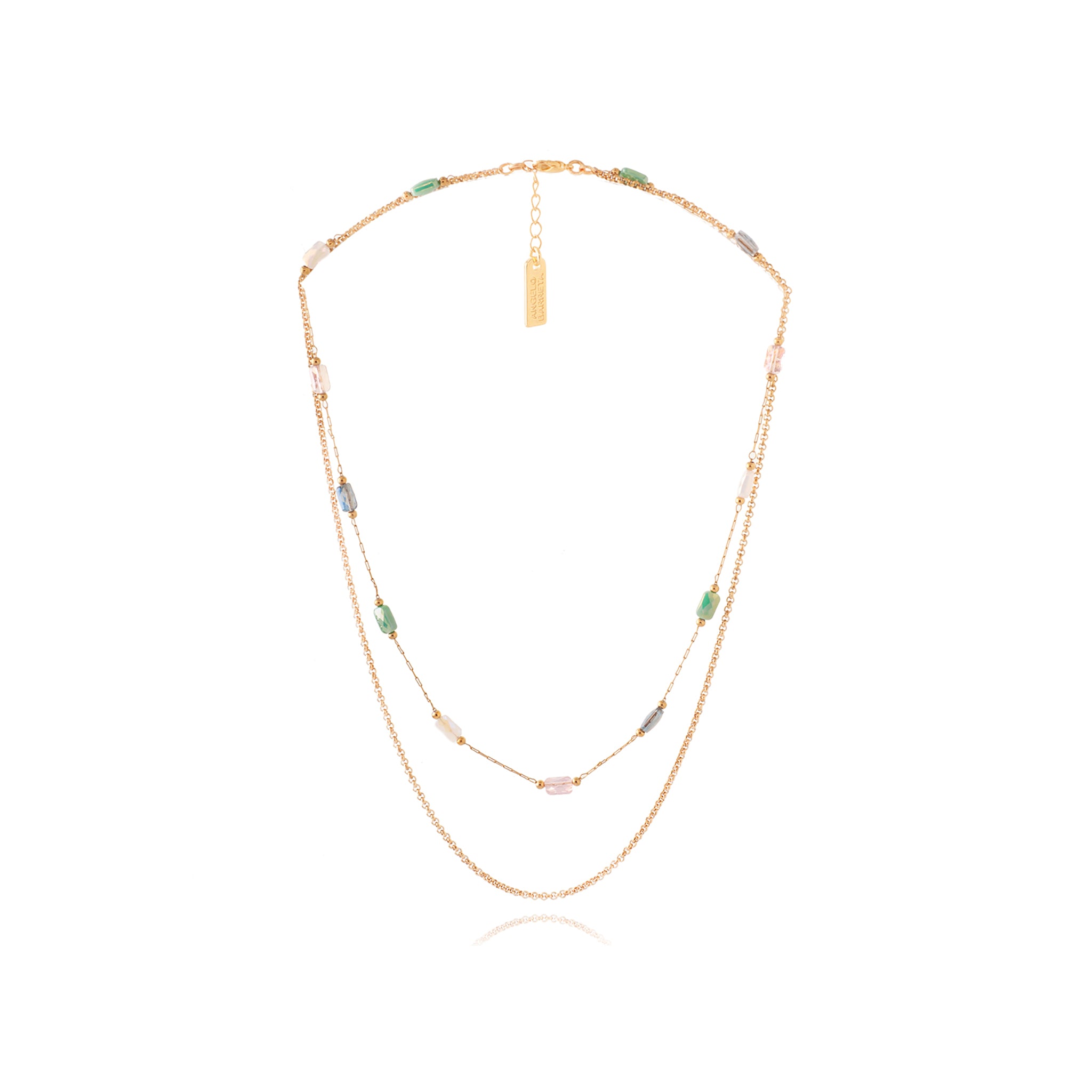 Double Long Chain Necklace – Gold & Glass Beads - Aqua