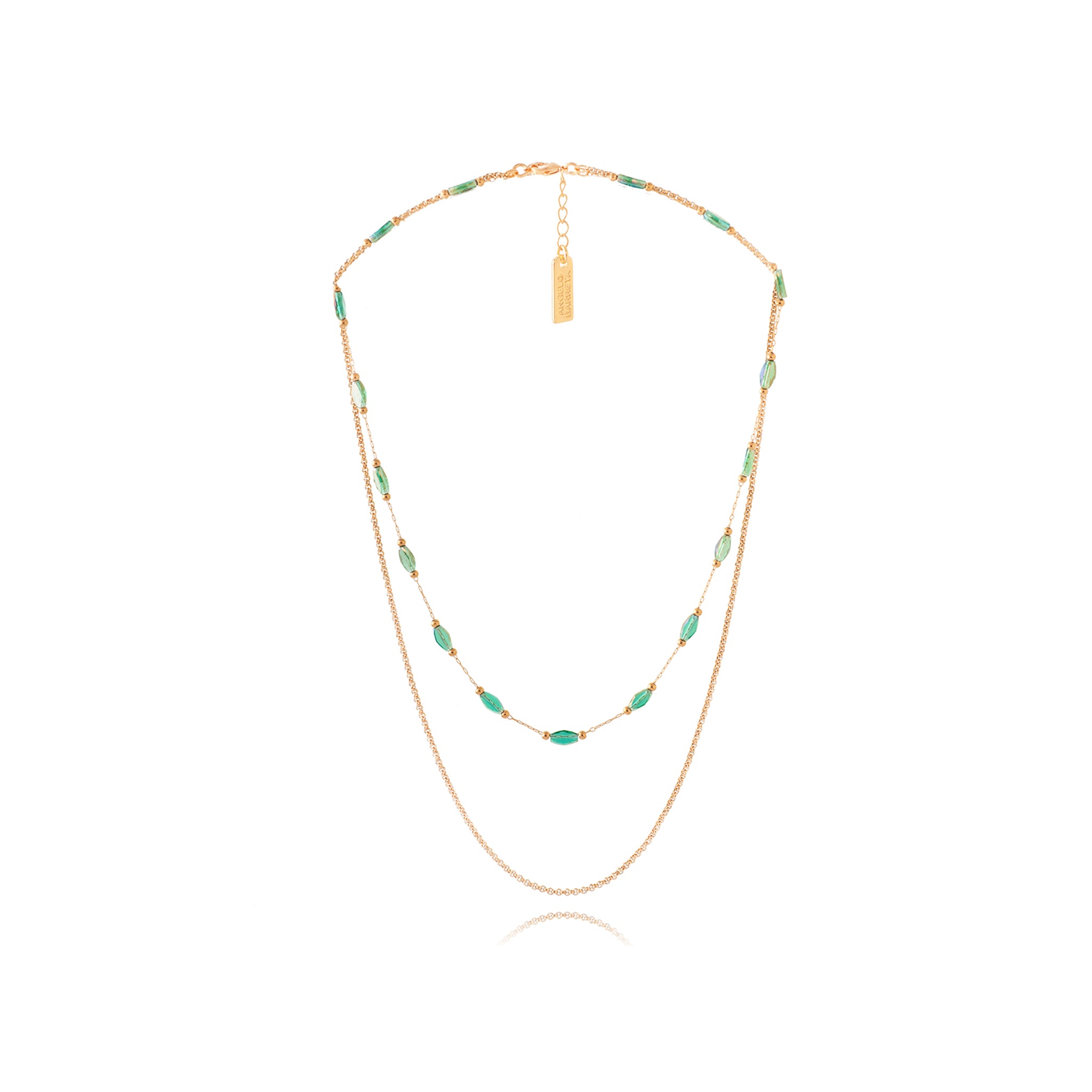 Double Long Chain Necklace – Gold & Glass Beads - Aqua