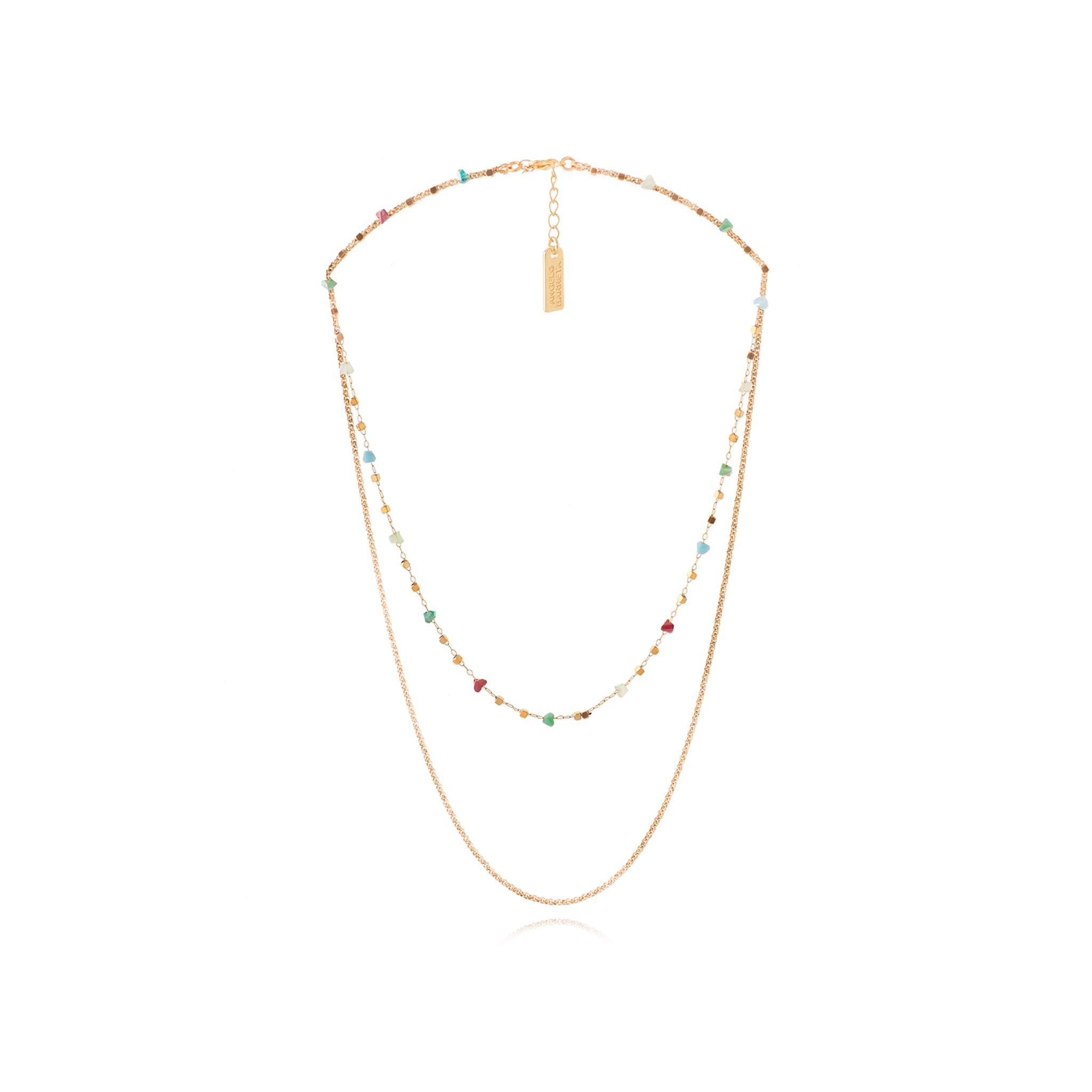 Double Long Chain Necklace – Gold & Glass Beads - Aqua
