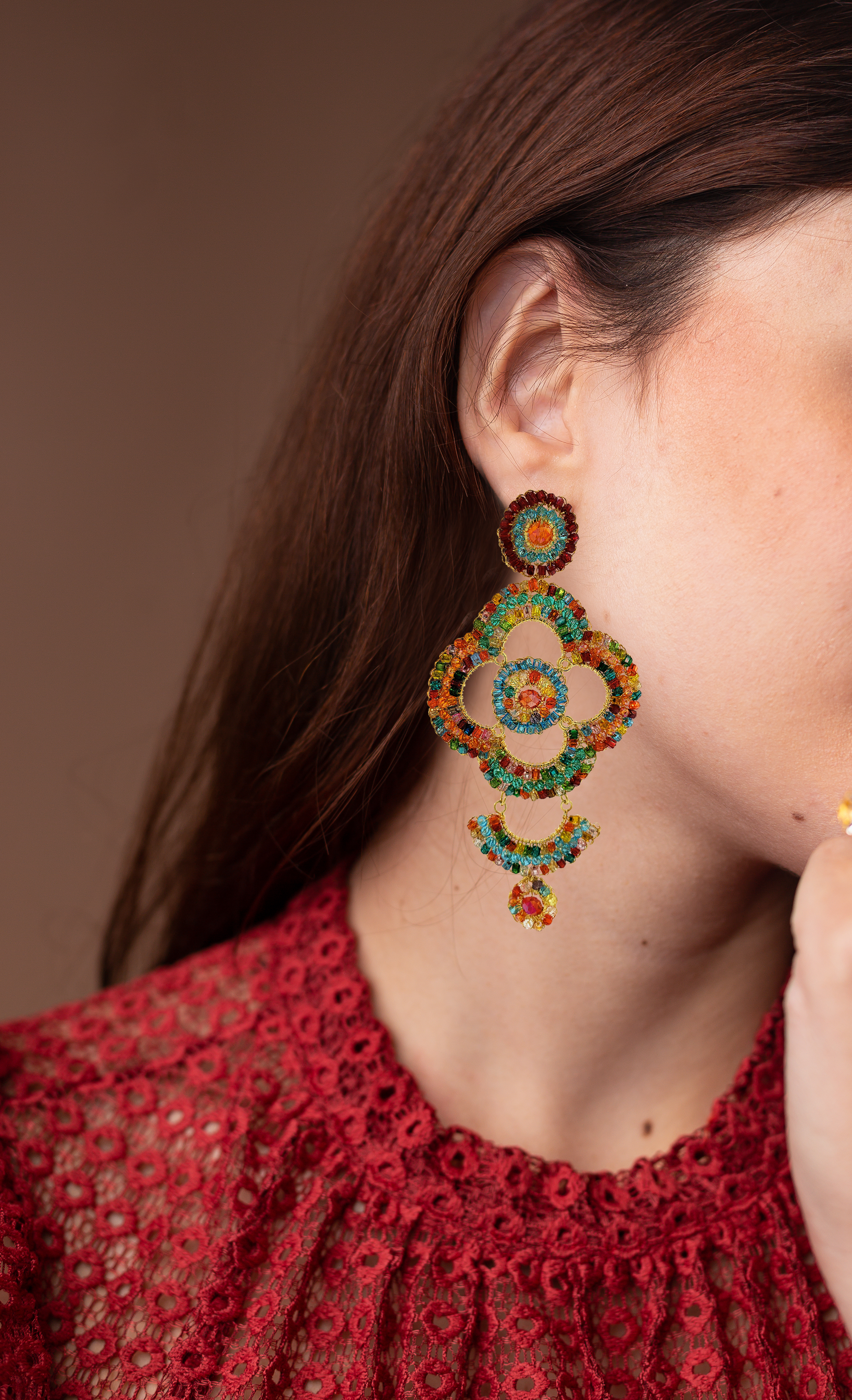 Multicolor Long Quatrefoil Chandelier Handmade Crochet Earrings