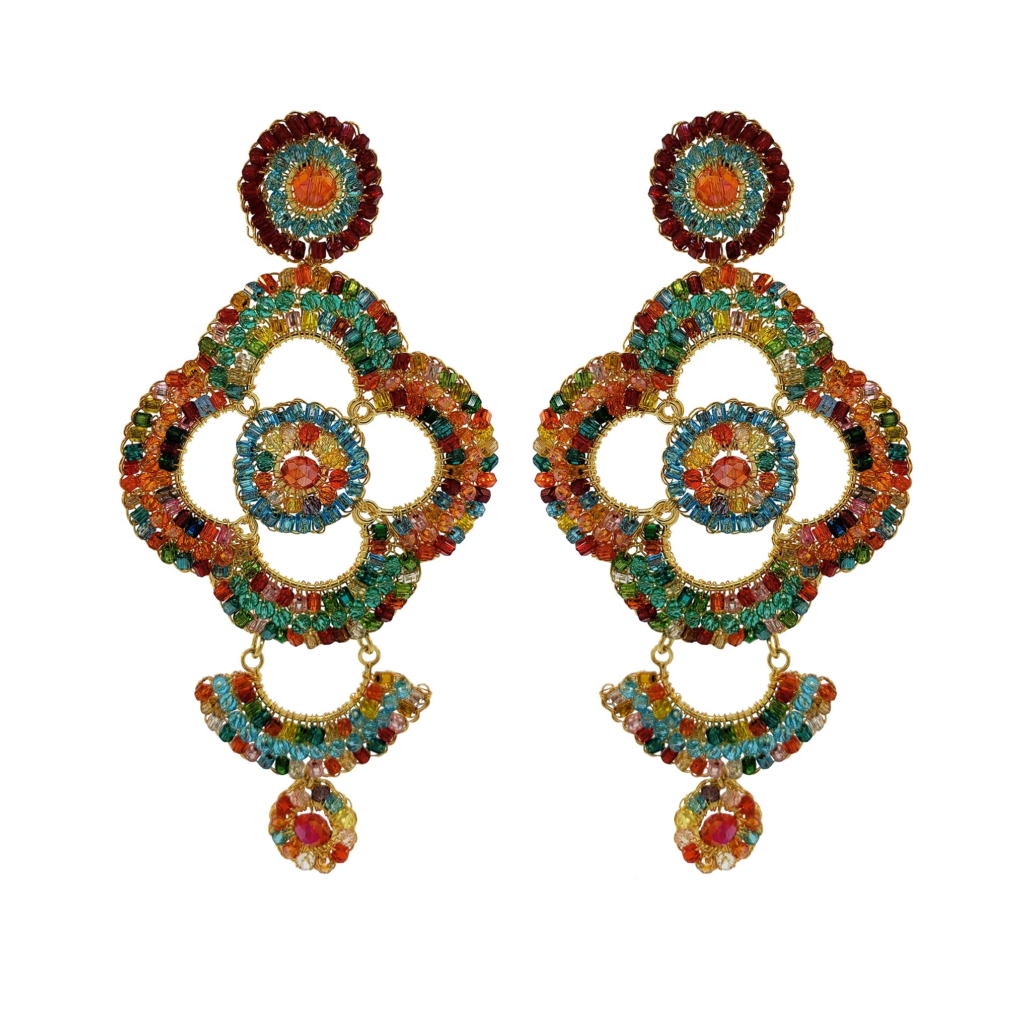 Multicolor Long Quatrefoil Chandelier Handmade Crochet Earrings